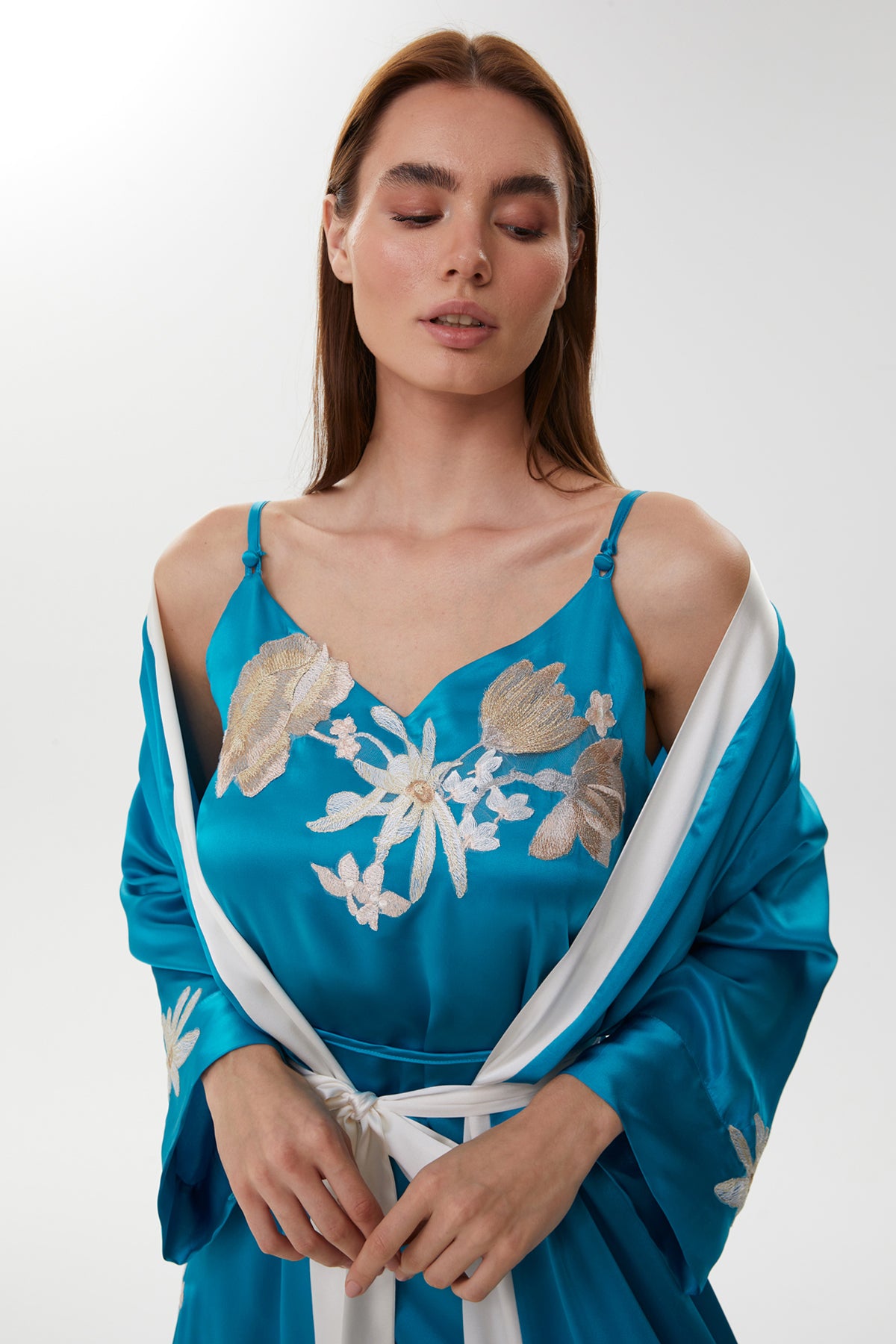 Adelia Royal Blue Pure Silk Nightgown with Long Silk Robe