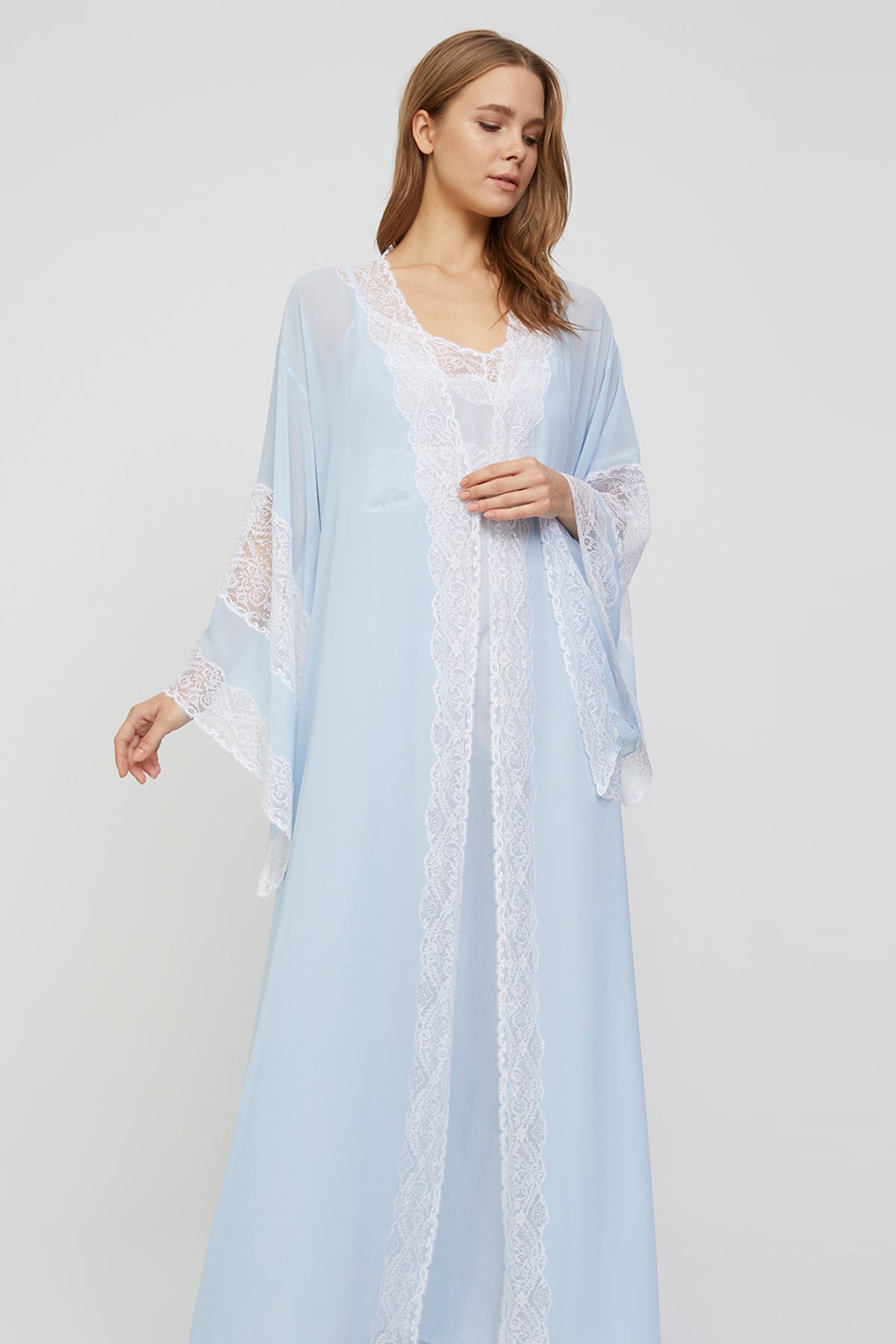 Viviane Powder Blue Cotton-Voile Nightgown and Chiffon Kimono Robe