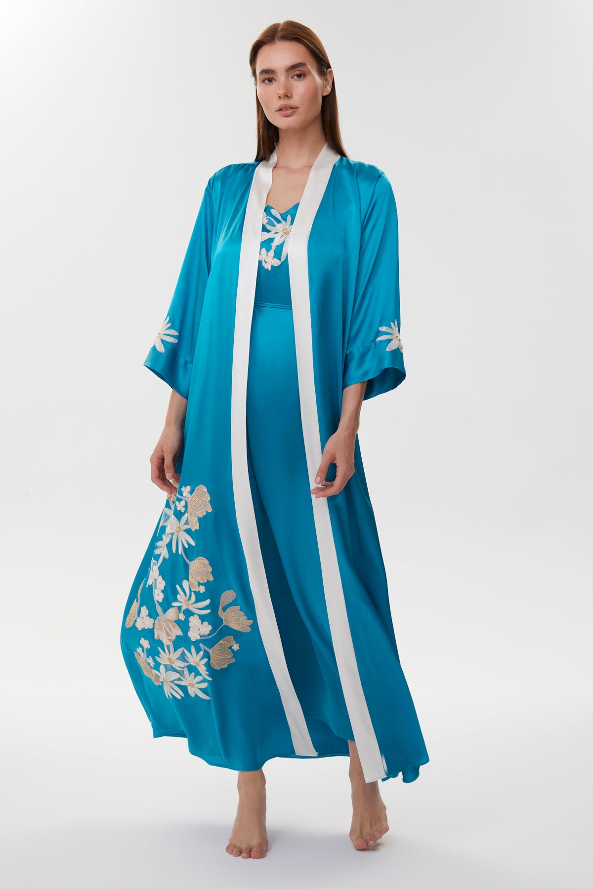 Adelia Royal Blue Pure Silk Nightgown with Long Silk Robe
