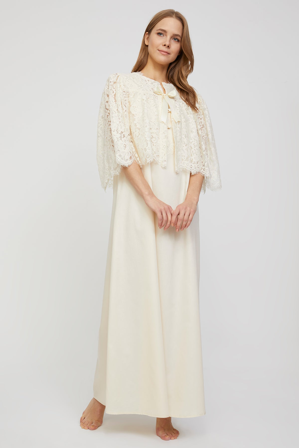 Romantic Ecru Cotton Satin Nightgown and French Lace Cape