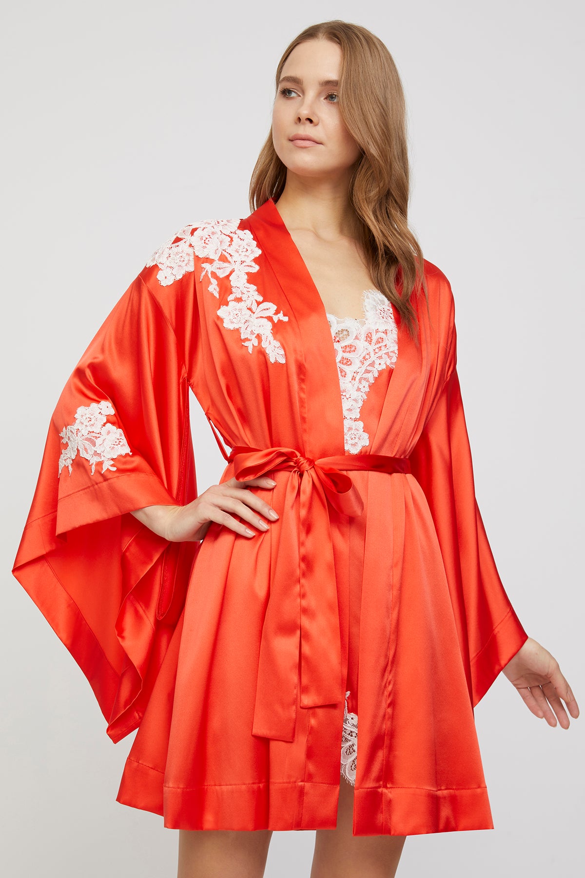 Amore Sunset Coral Silk Nightie with Kimono