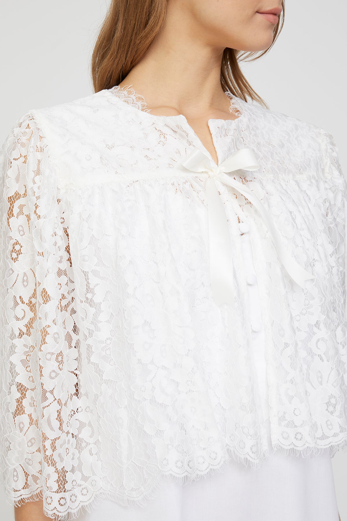Romantic Pure White Cotton Satin Nightgown and French Lace Cape
