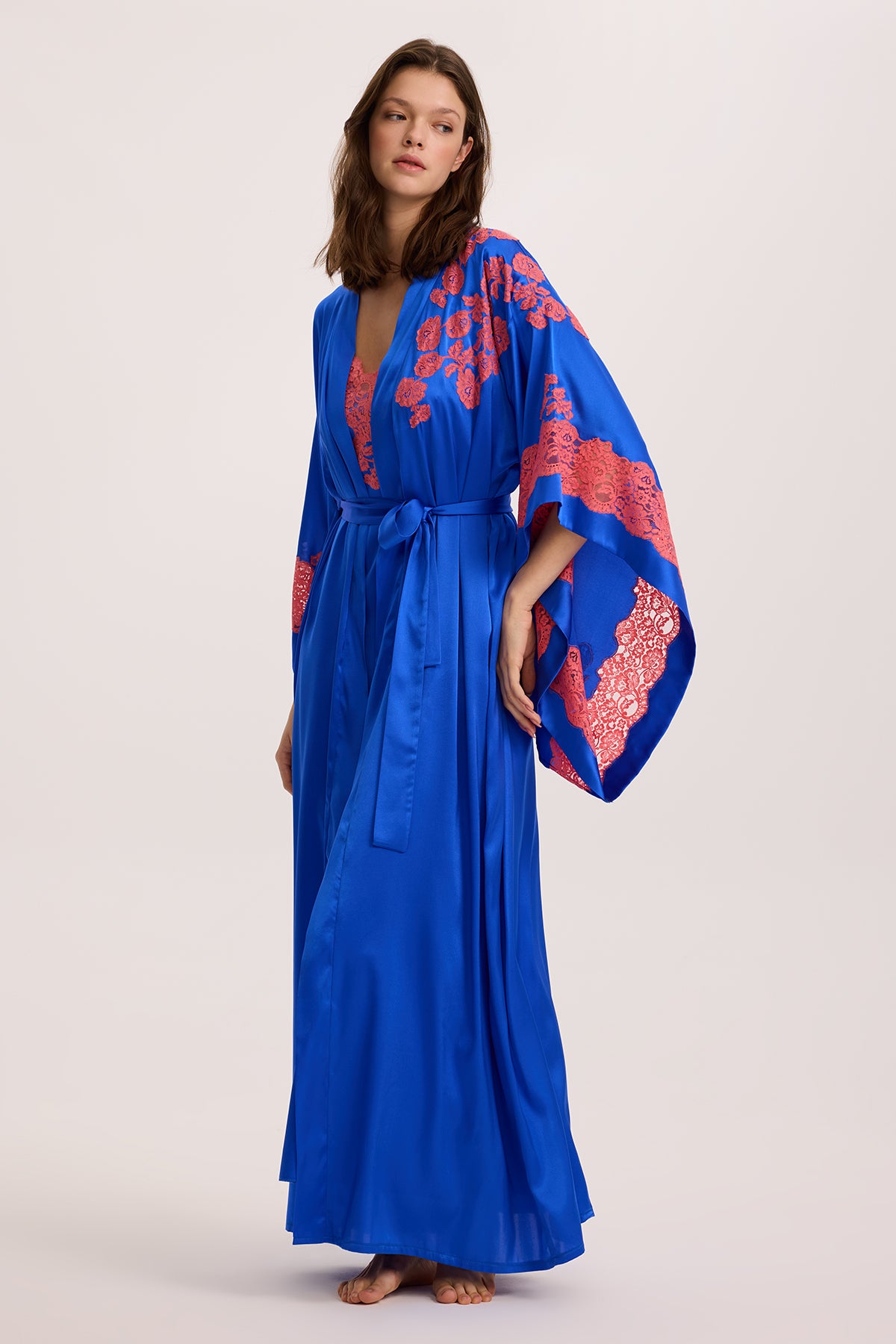 Coral Sky İpek Uzun Gecelik ve Kimono Sabahlık