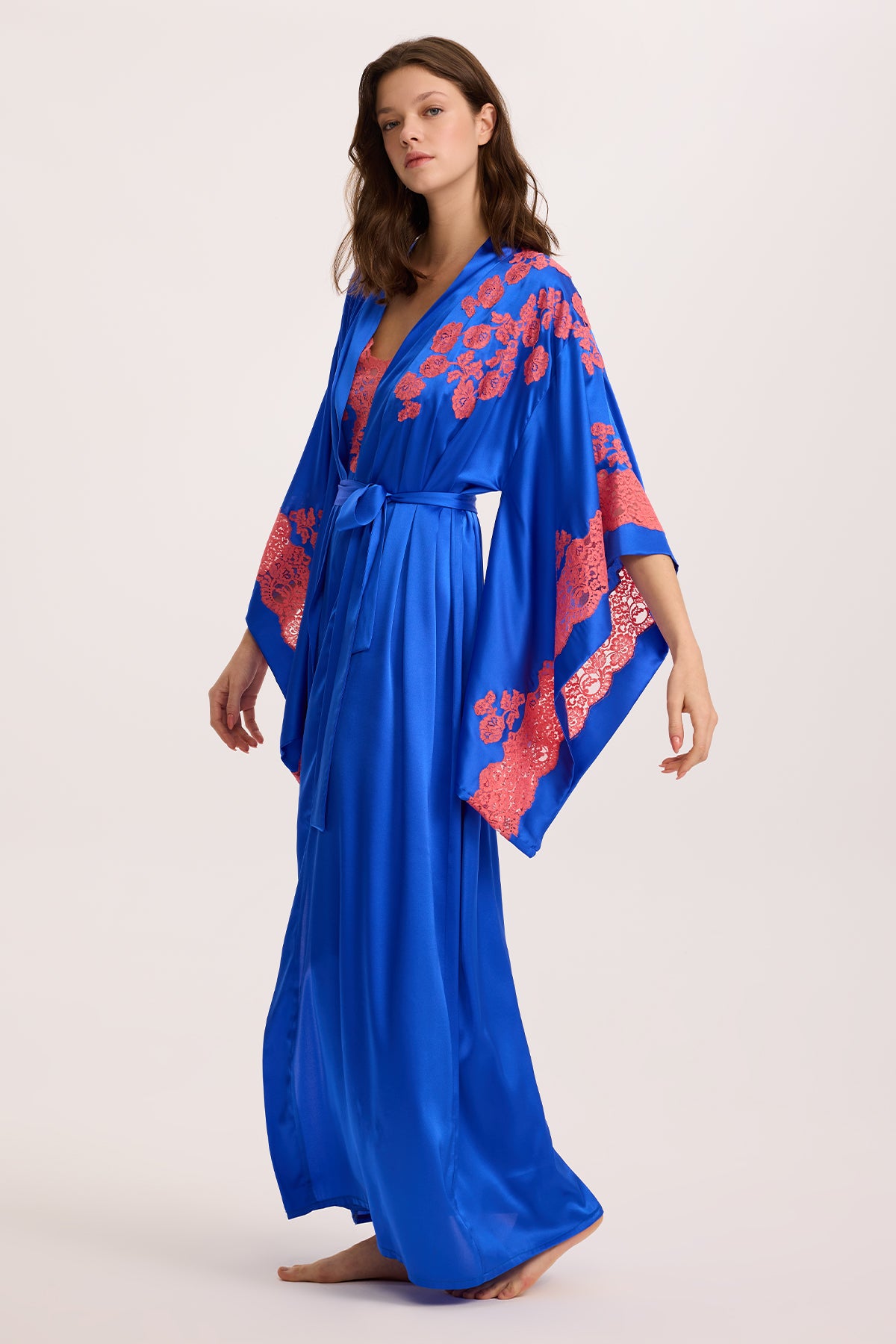 Coral Sky İpek Uzun Gecelik ve Kimono Sabahlık