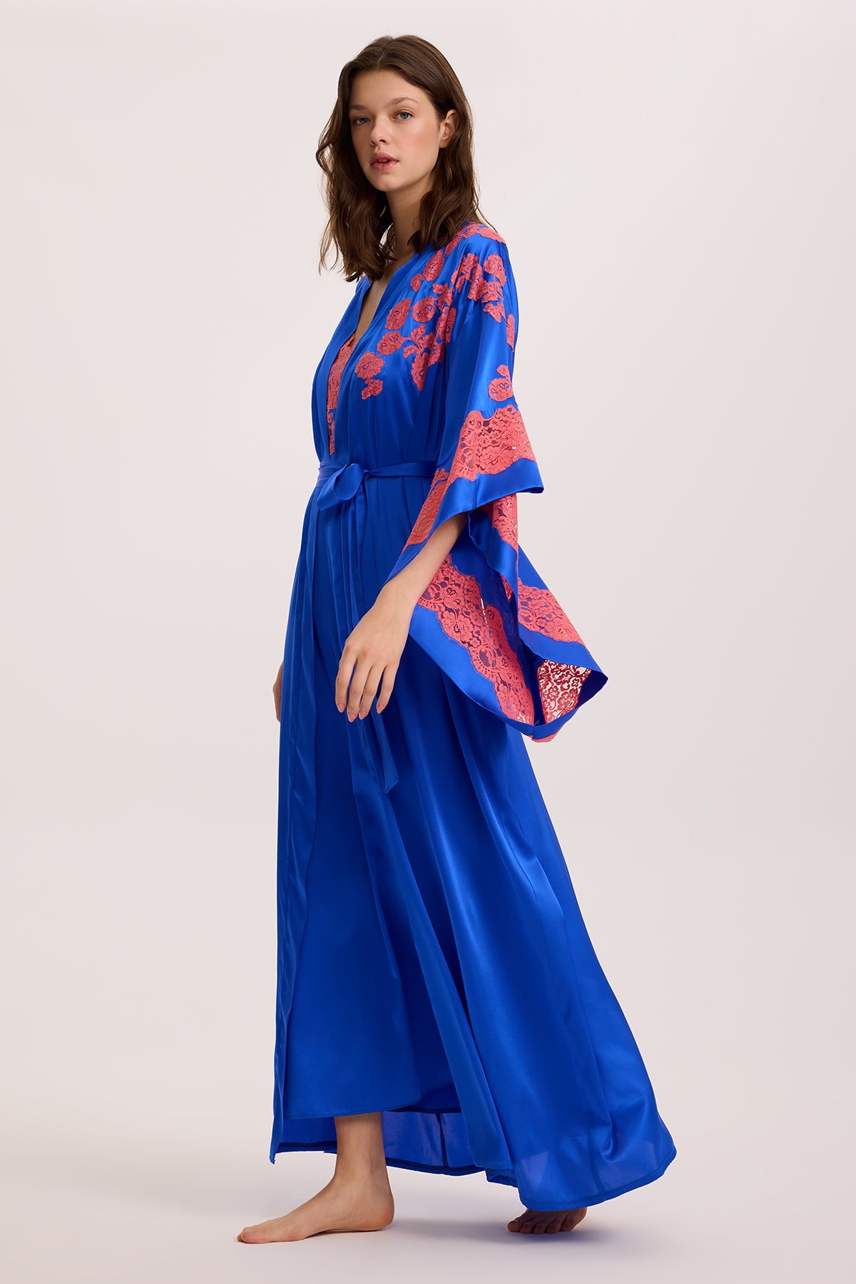 Coral Sky İpek Uzun Gecelik ve Kimono Sabahlık