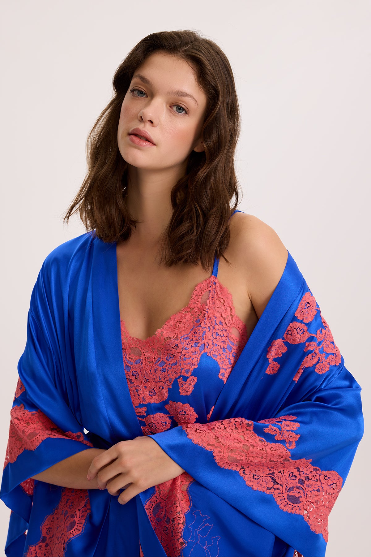 Coral Sky İpek Uzun Gecelik ve Kimono Sabahlık