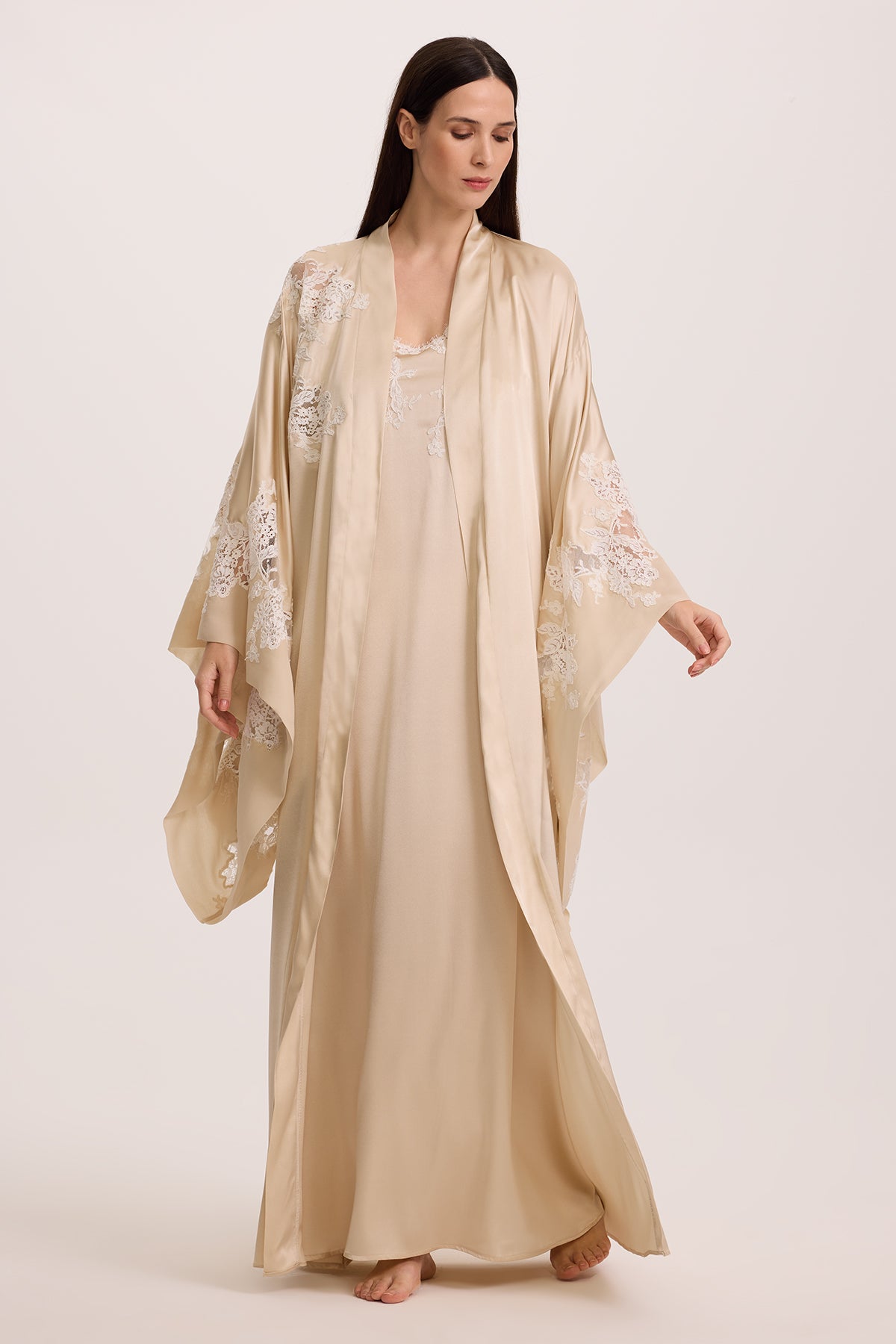 Bianco Beige Silk Nightgown with Kimono Robe