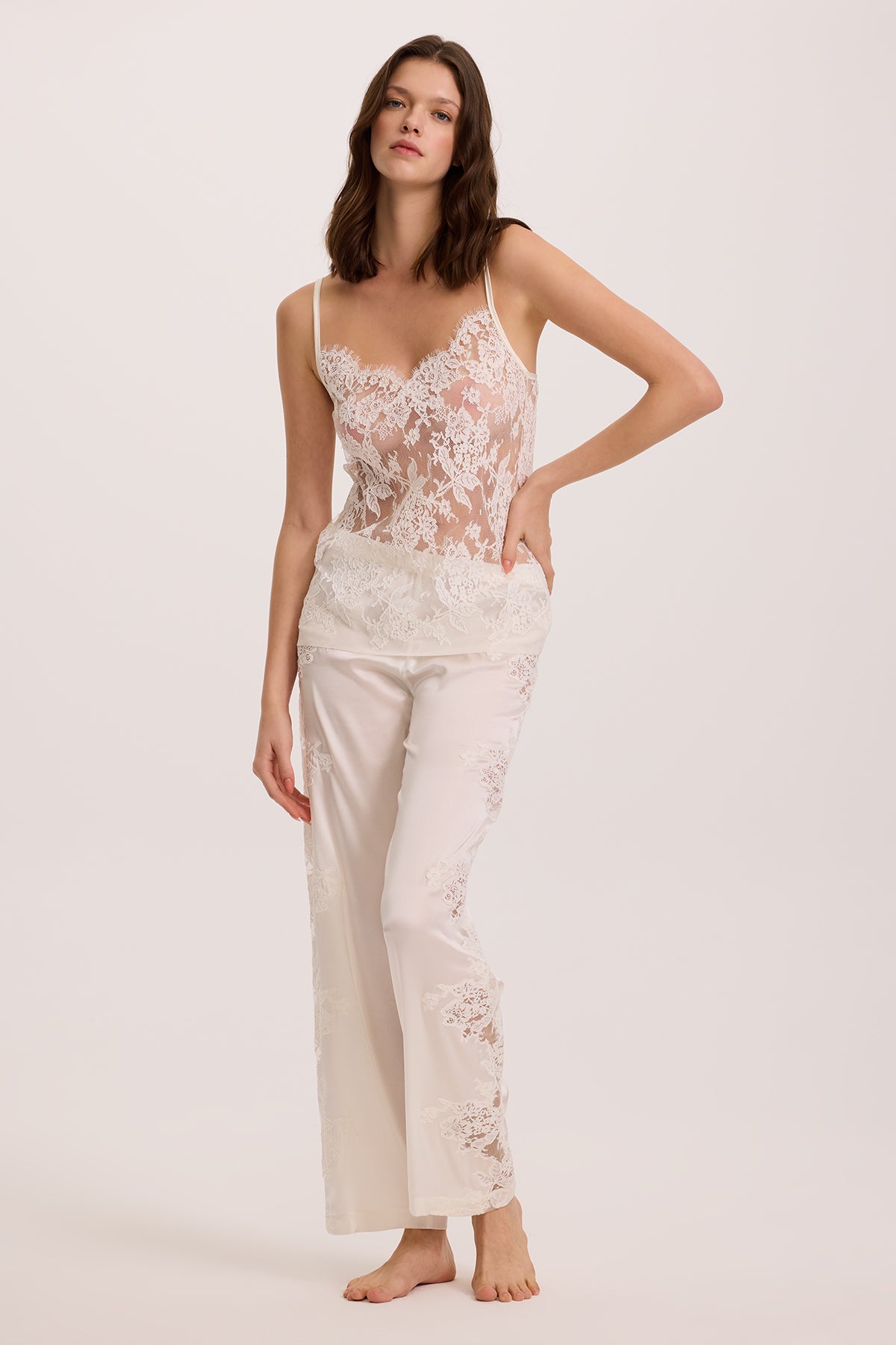 Bianco Silk Lace Camisol & Pajama Set with Short Robe