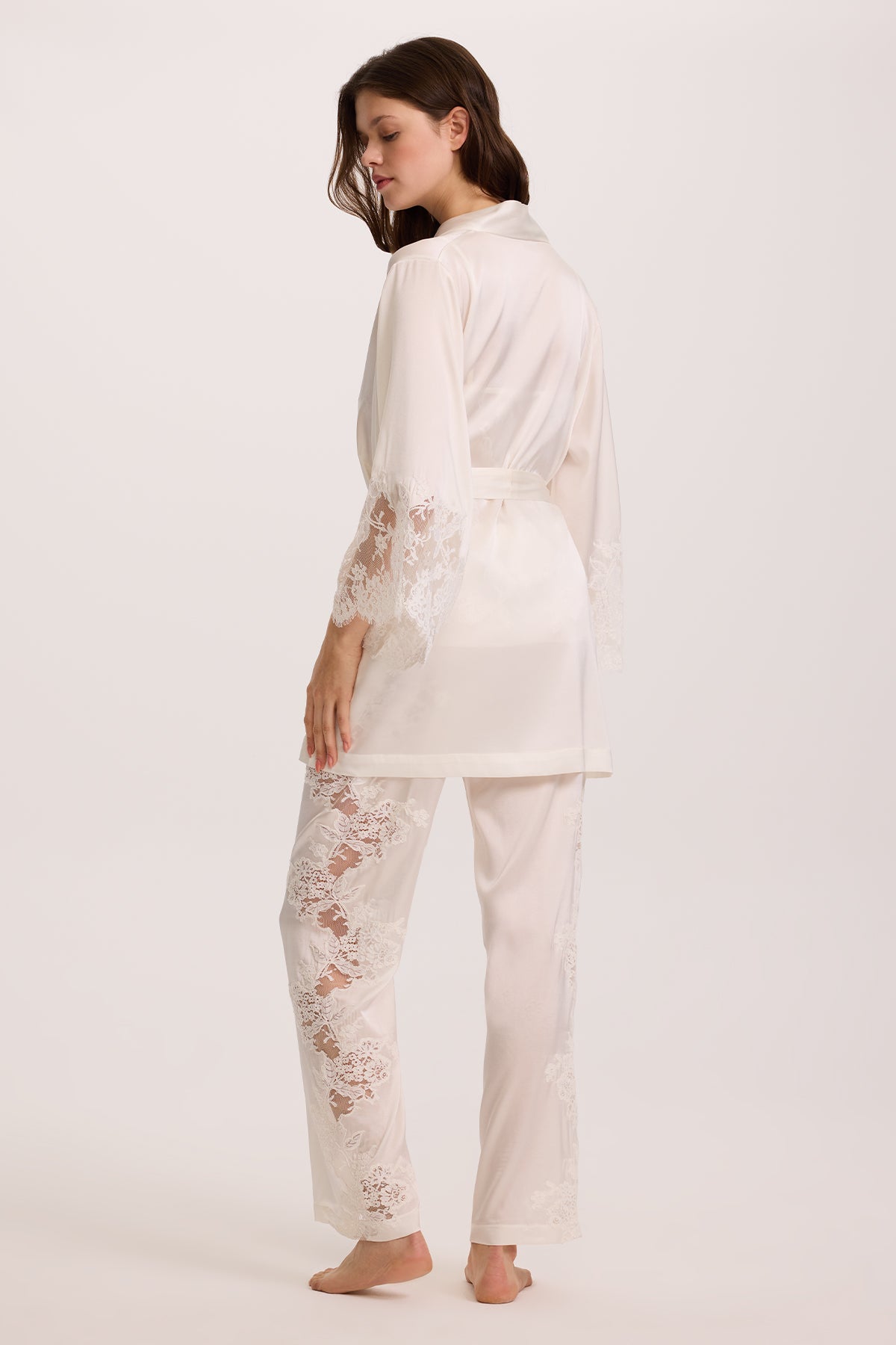 Bianco Silk Lace Camisol & Pajama Set with Short Robe