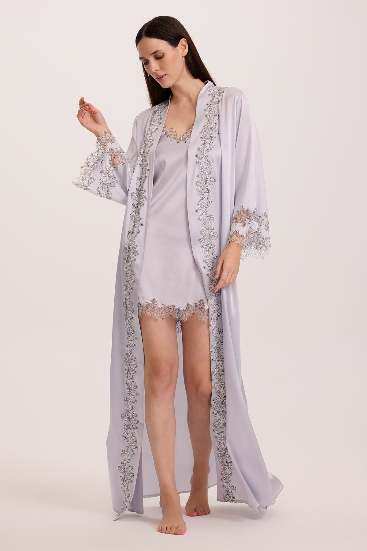 Bloom Mist Silk Nightie with Long Robe