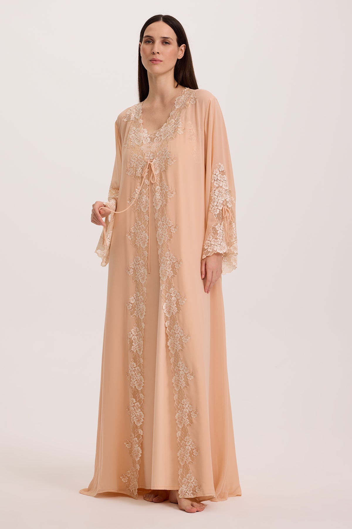 APRICOT COTTON NIGHTGOWN WITH CREPE CHIFFON ROBE