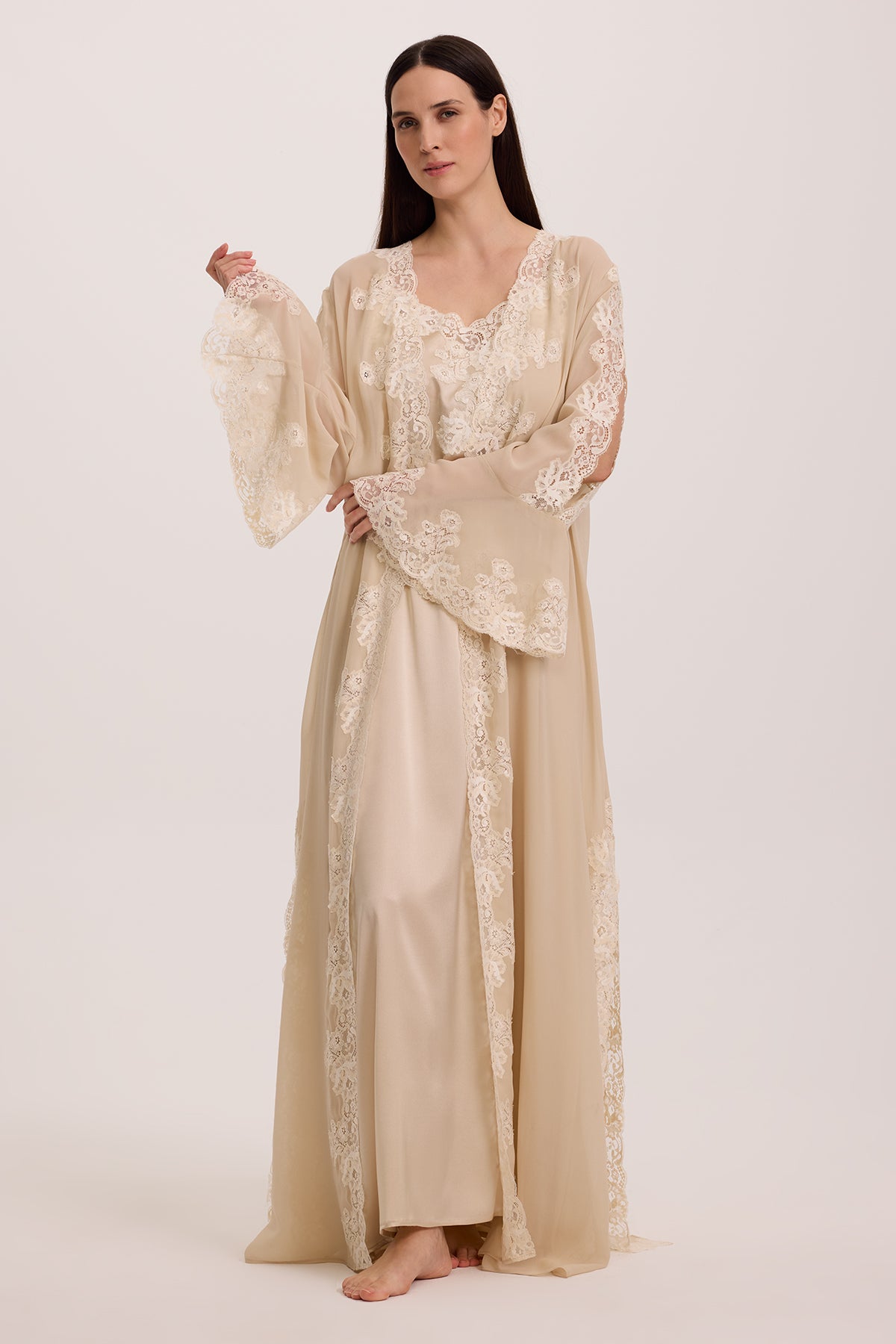 Jade Beige Silk Nightgown with Silk Georgette Robe