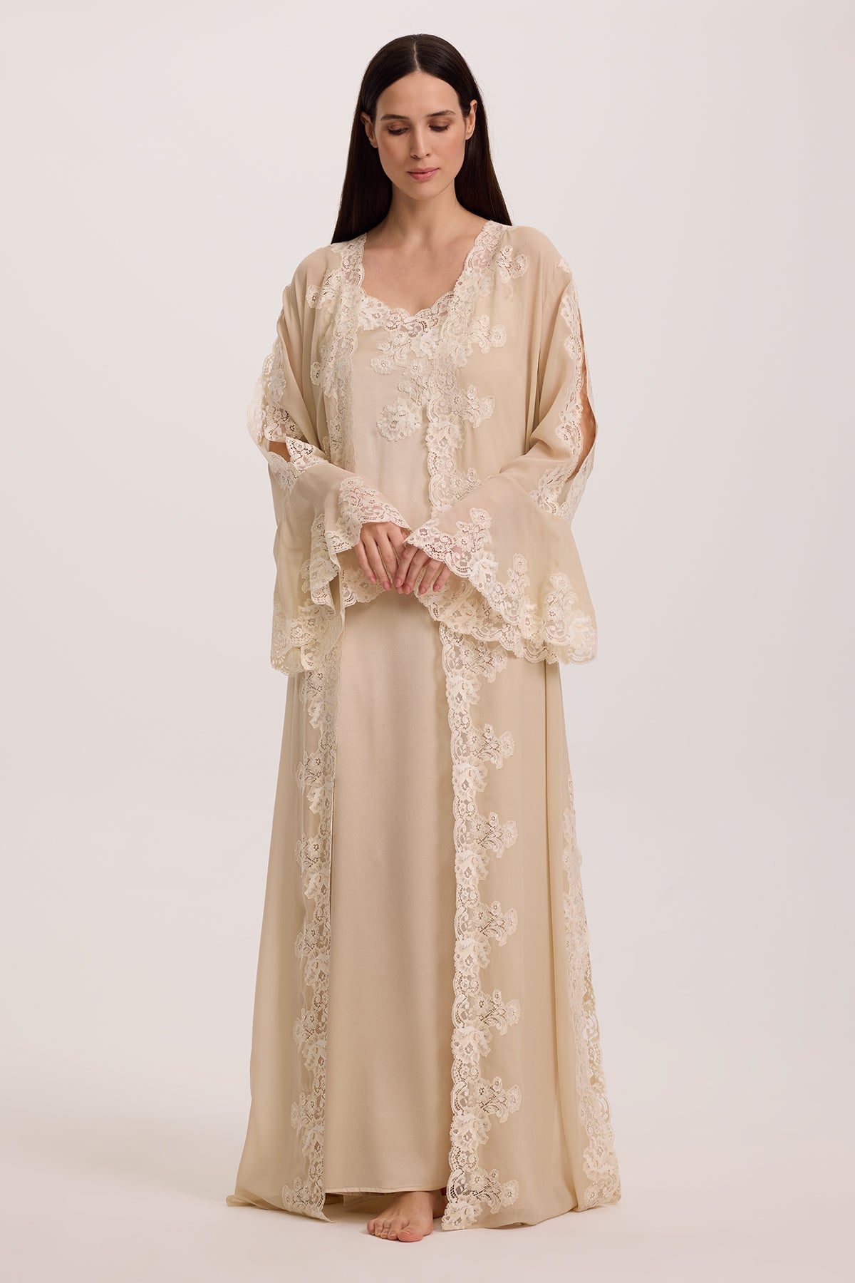 Jade Beige Silk Nightgown with Silk Georgette Robe