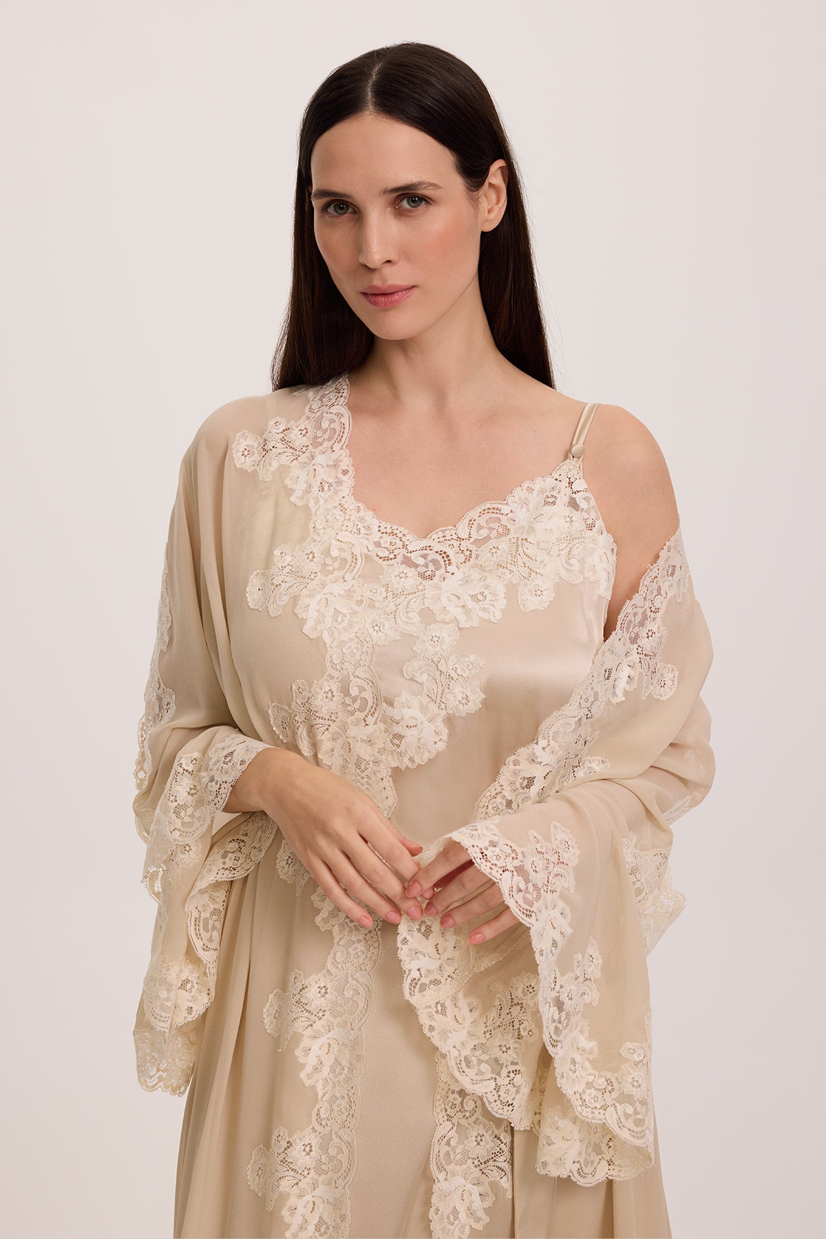 Jade Beige Silk Nightgown with Silk Georgette Robe