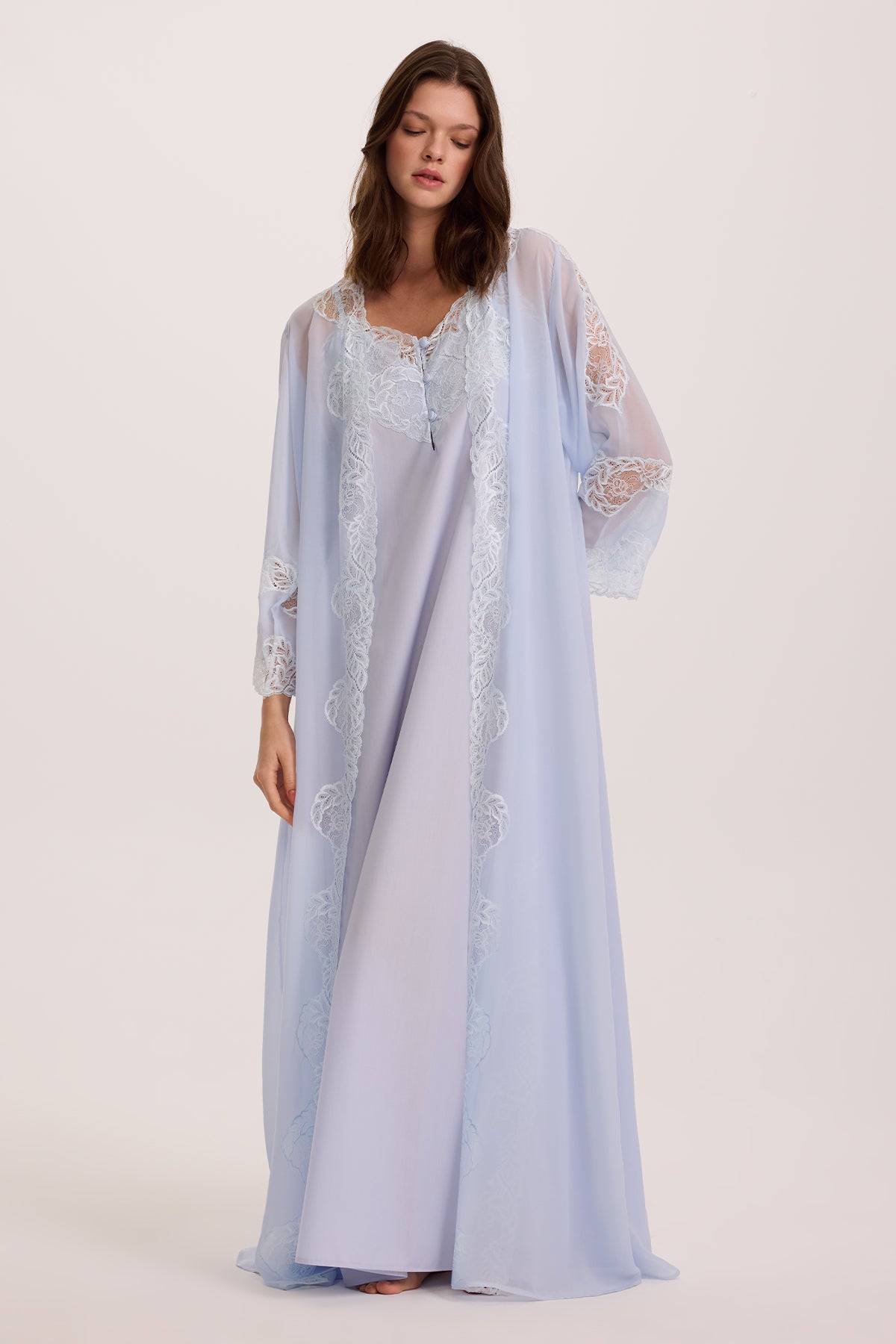 CIELO BLUE COTTON- VOILE NIGHTGOWN AND CHIFFON ROBE