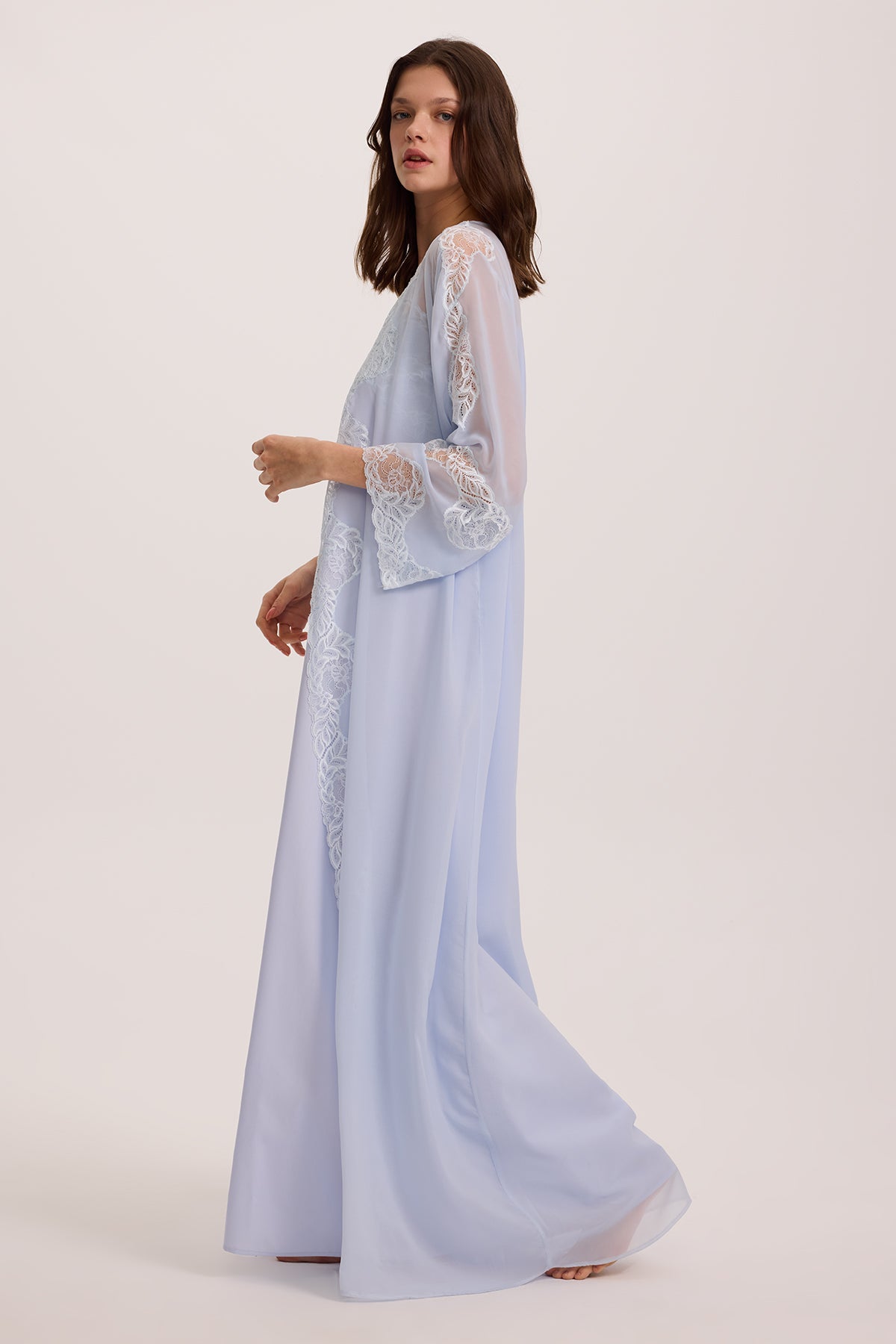 CIELO BLUE COTTON- VOILE NIGHTGOWN AND CHIFFON ROBE