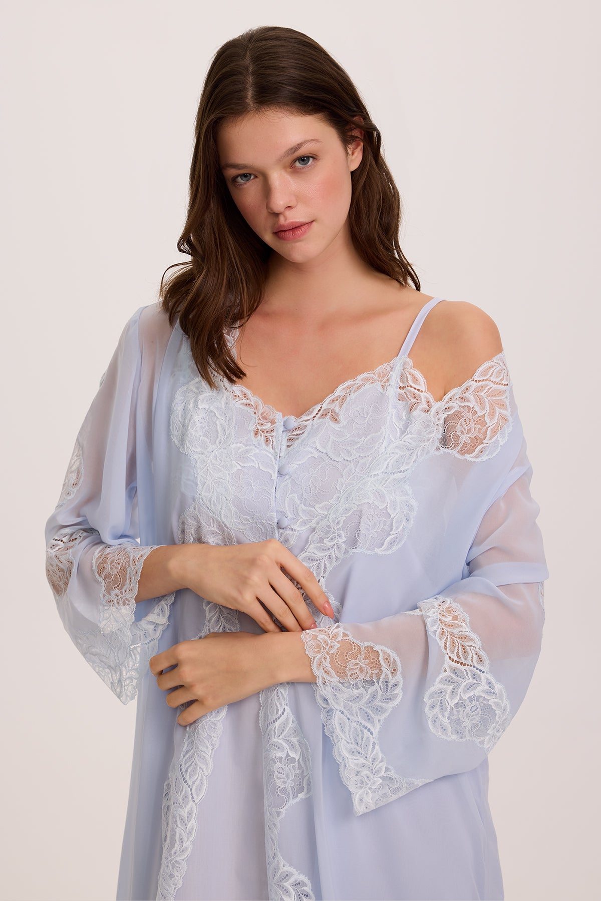 CIELO BLUE COTTON- VOILE NIGHTGOWN AND CHIFFON ROBE