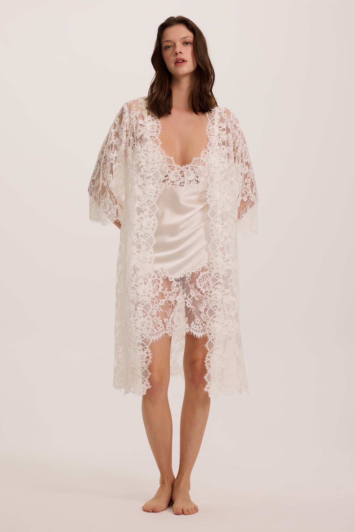 Bianco Silk Nightgown with Lace Robe