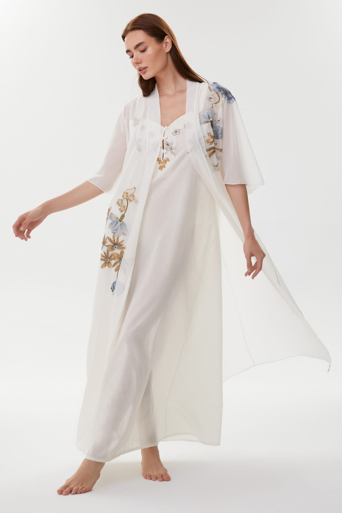 Allison Ecru-Blue Maternity Nightgown & Chiffon Robe