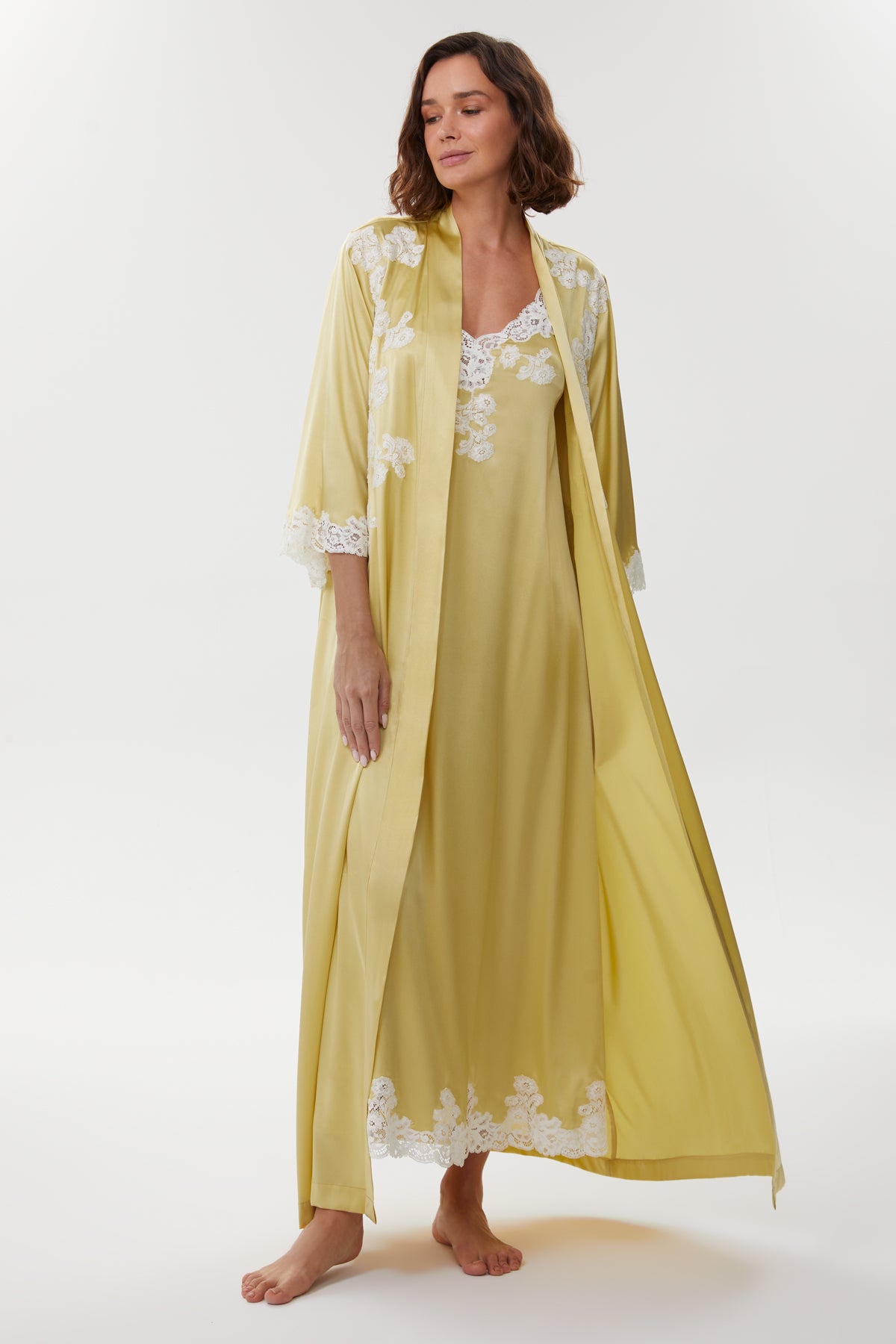 Anne Golden Olive Silk Nightgown & Robe