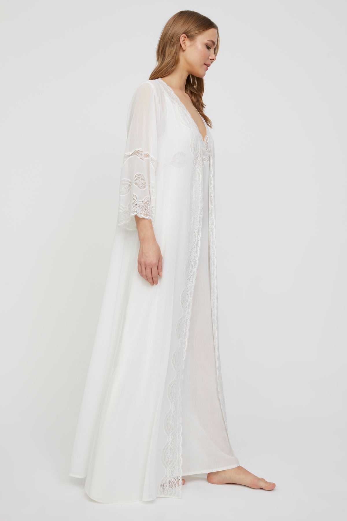 Elenore Off White Cotton-Voile Nightgown & Crepe Chiffon Robe