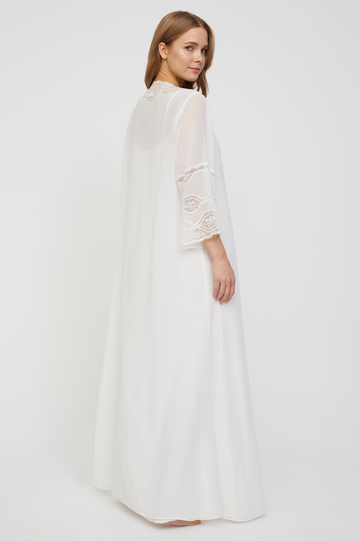 Elenore Off White Cotton-Voile Nightgown & Crepe Chiffon Robe