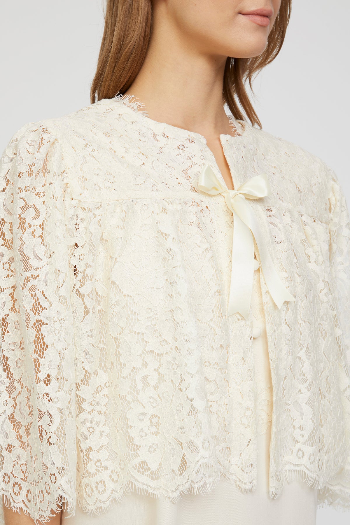 Romantic Ecru Cotton Satin Nightgown and French Lace Cape