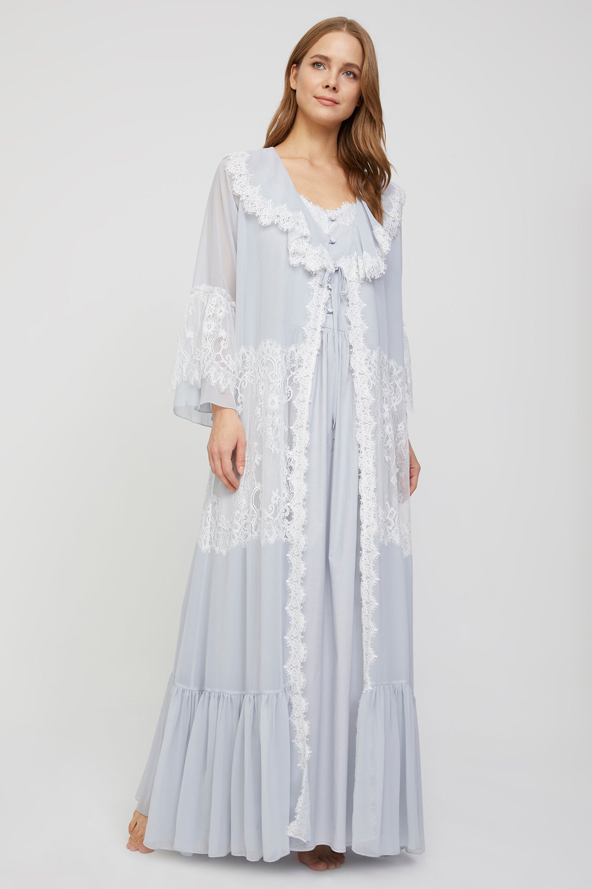 Carmen Ice Gray Cotton Voile Nightgown with Chiffon Robe