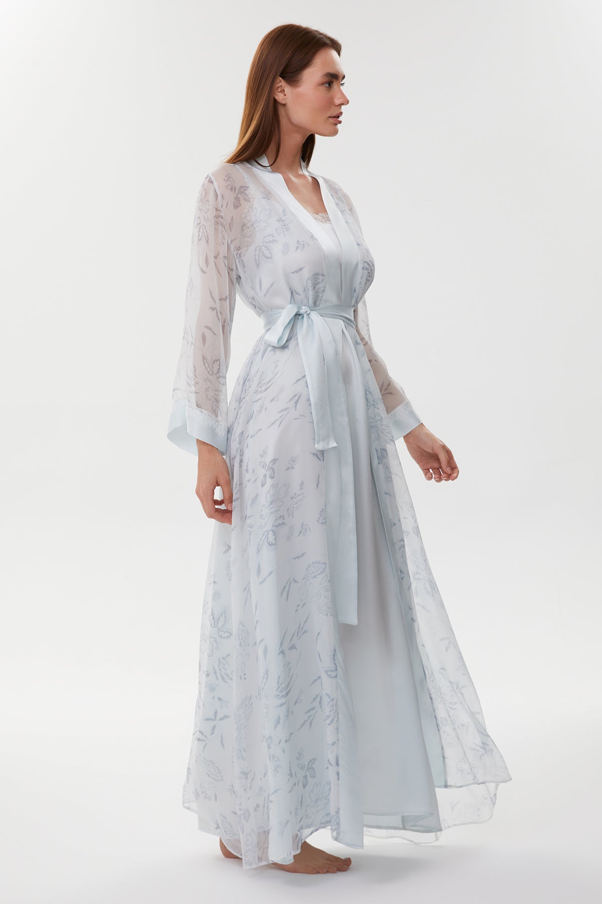 Bel Ice Blue Silk & Printed Chiffon Robe Set