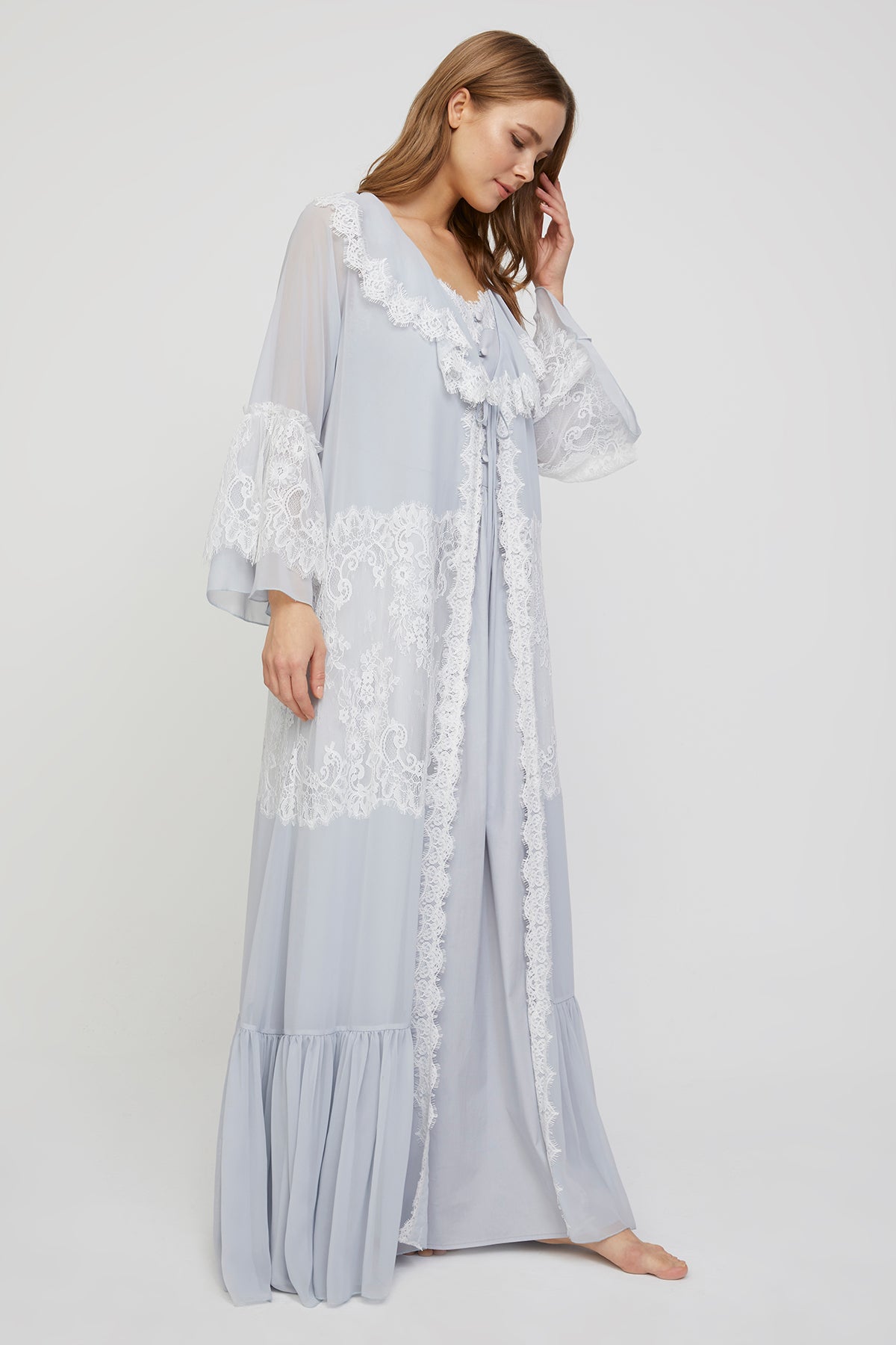 Carmen Ice Gray Cotton Voile Nightgown with Chiffon Robe