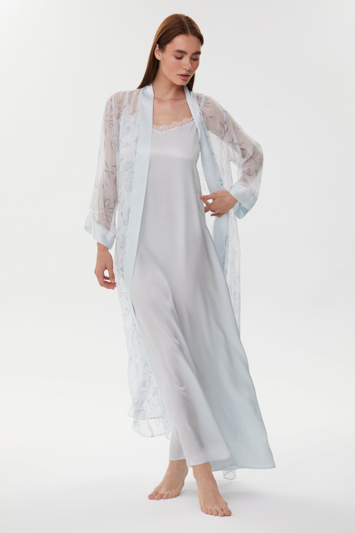 Bel Ice Blue Silk & Printed Chiffon Robe Set