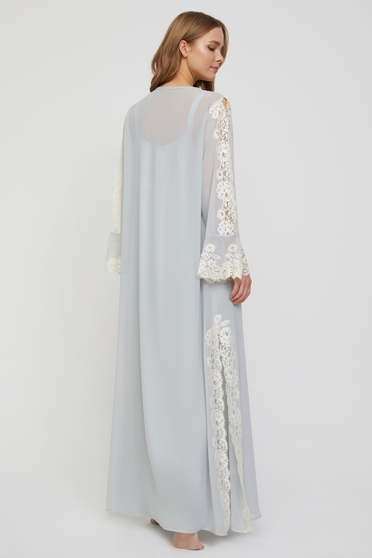 Jade Ice Gray Silk Nightgown with Silk Georgette Robe