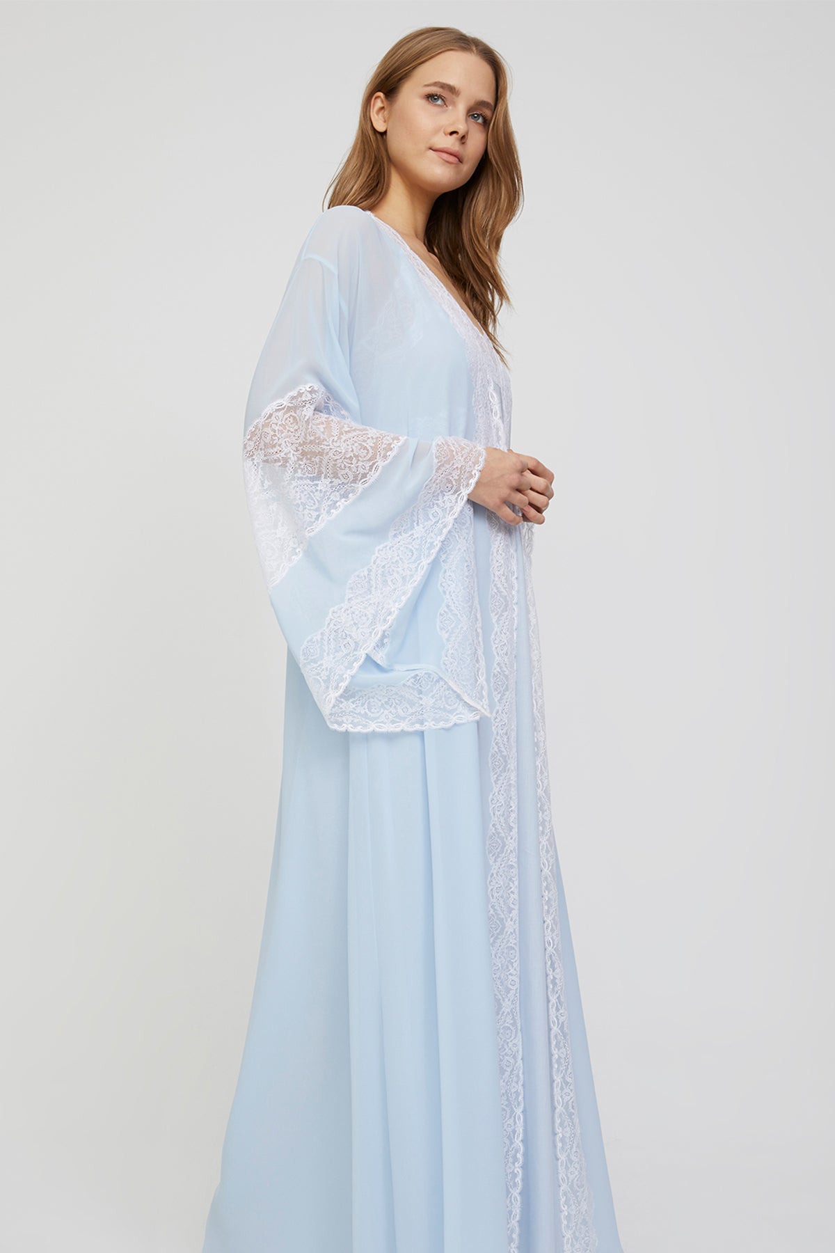 Viviane Powder Blue Cotton-Voile Nightgown and Chiffon Kimono Robe