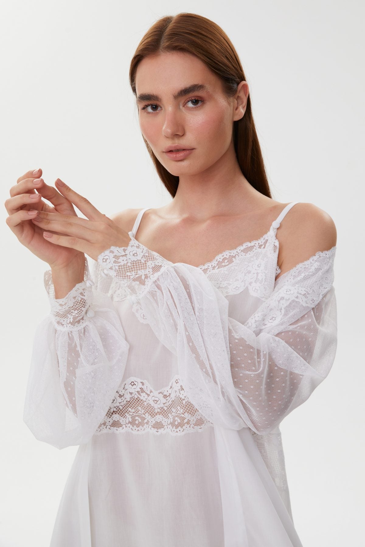 Celine Pearl White Cotton Voile Nightgown with Dotted Tulle Robe