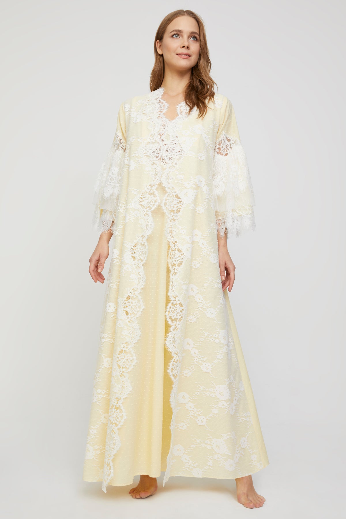 Estee Soft Yellow Dotted Nightgown and Robe