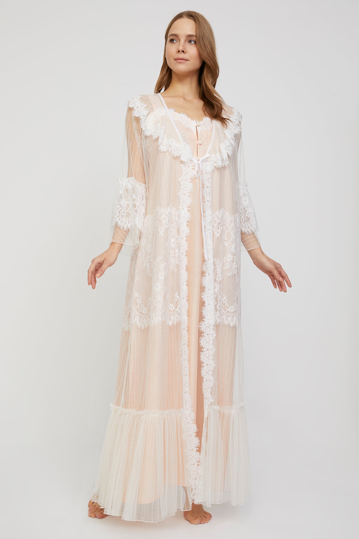 Carmen Powder Peach Cotton Voile Nightgown with Tulle Robe