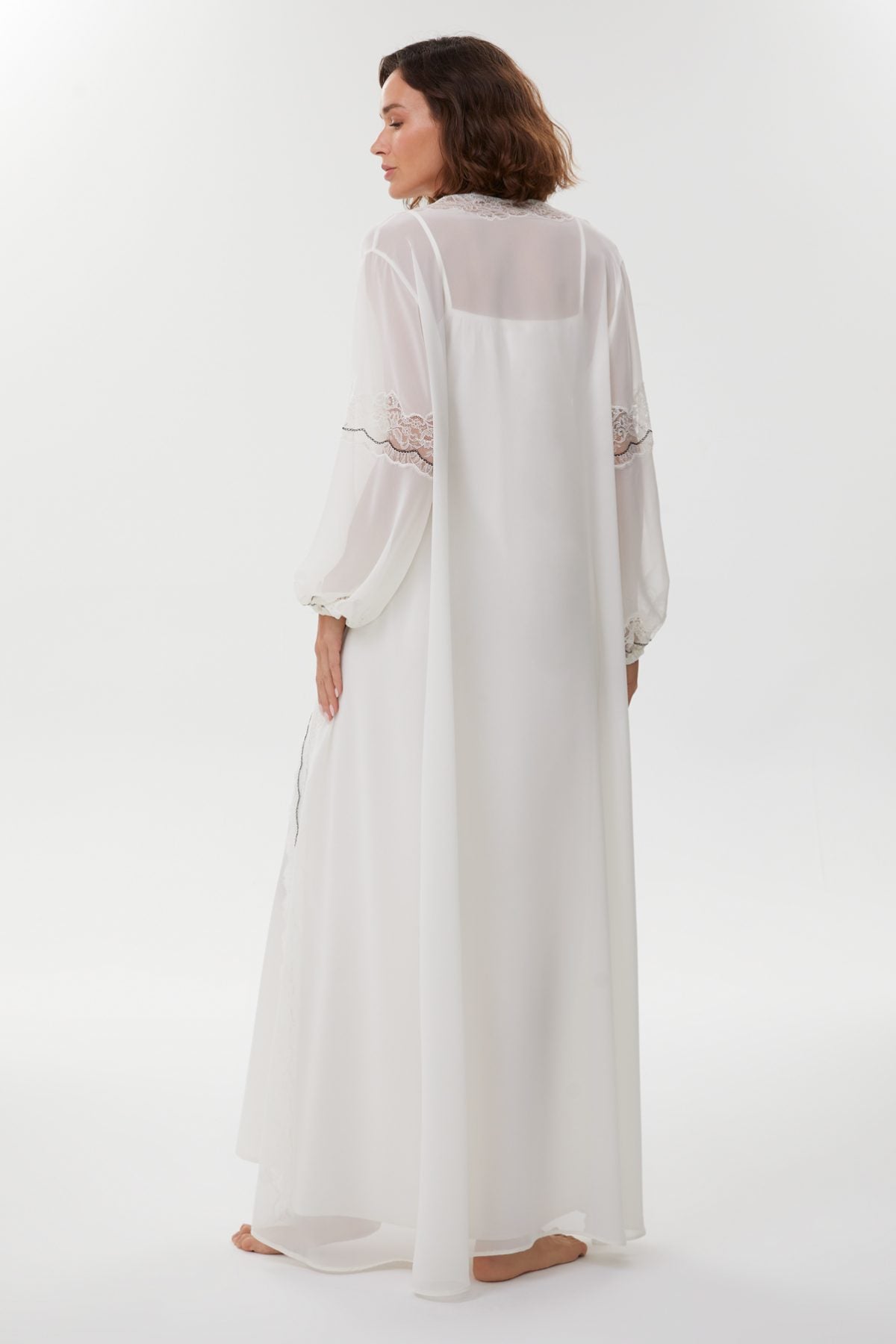 Charee Pearl Ivory Cotton Satin Nightgown with Chiffon Robe