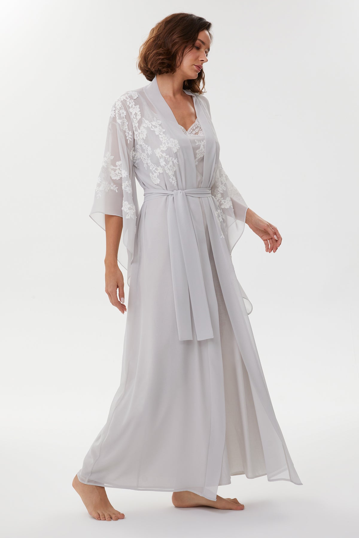 Abella Ice Gray Cotton Voile Nightgown & Chiffon Robe