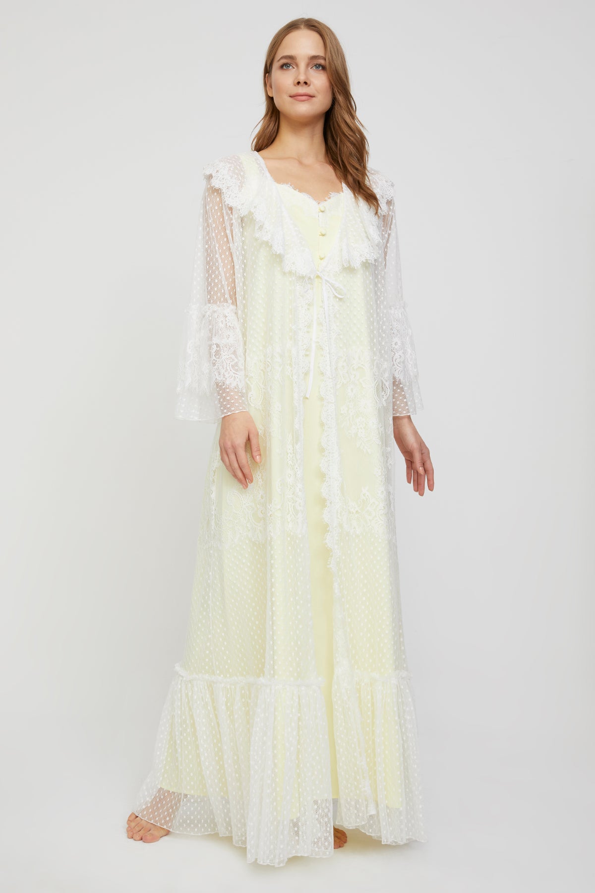 Carmen Soft Lemon Cotton Satin Nightgown with Tulle Robe