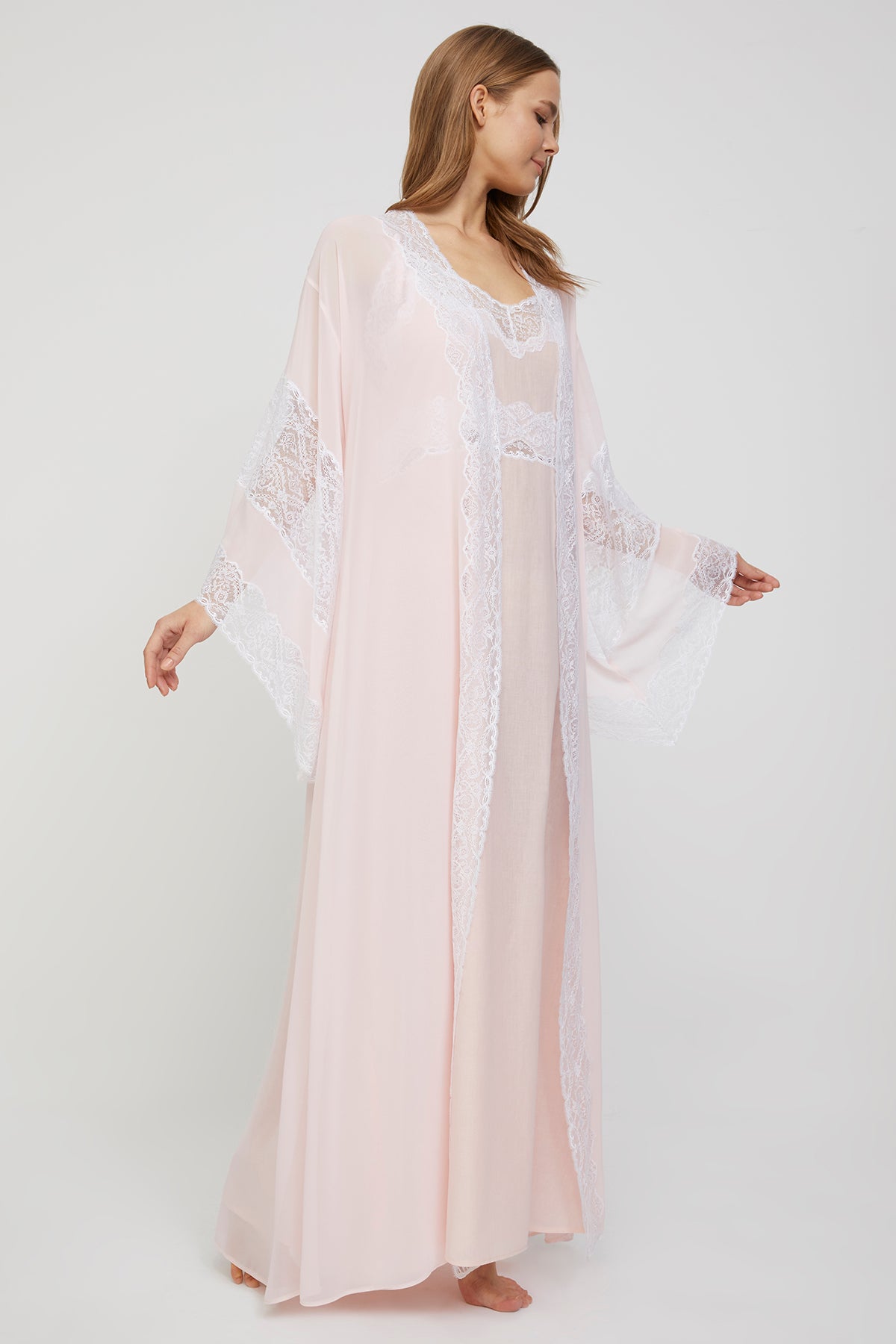 Viviane Rose Water Cotton-Voile Nightgown and Chiffon Kimono Robe