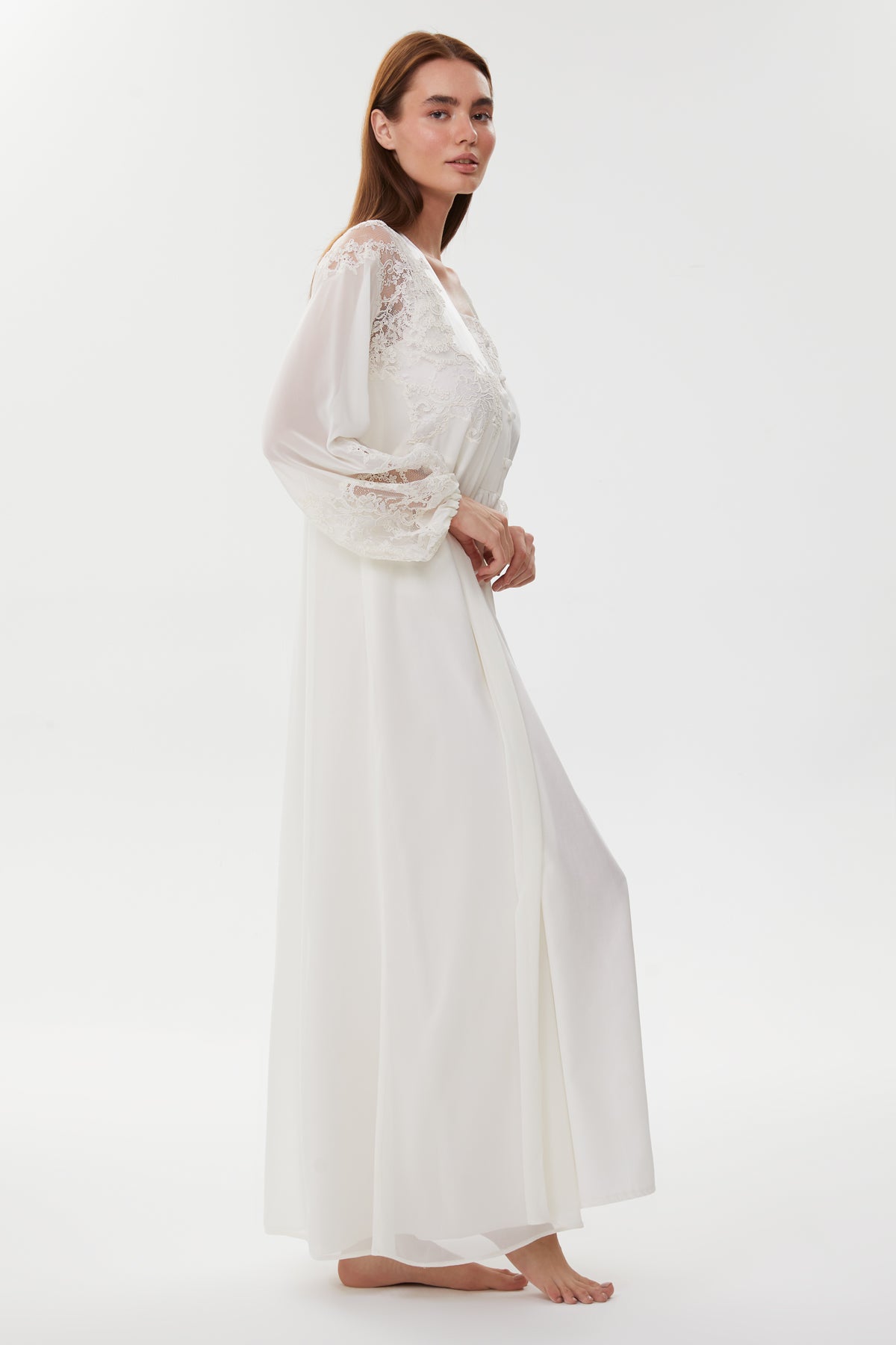 Carine Ecru Cotton Satin Nightgown with Crepe Chiffon Robe