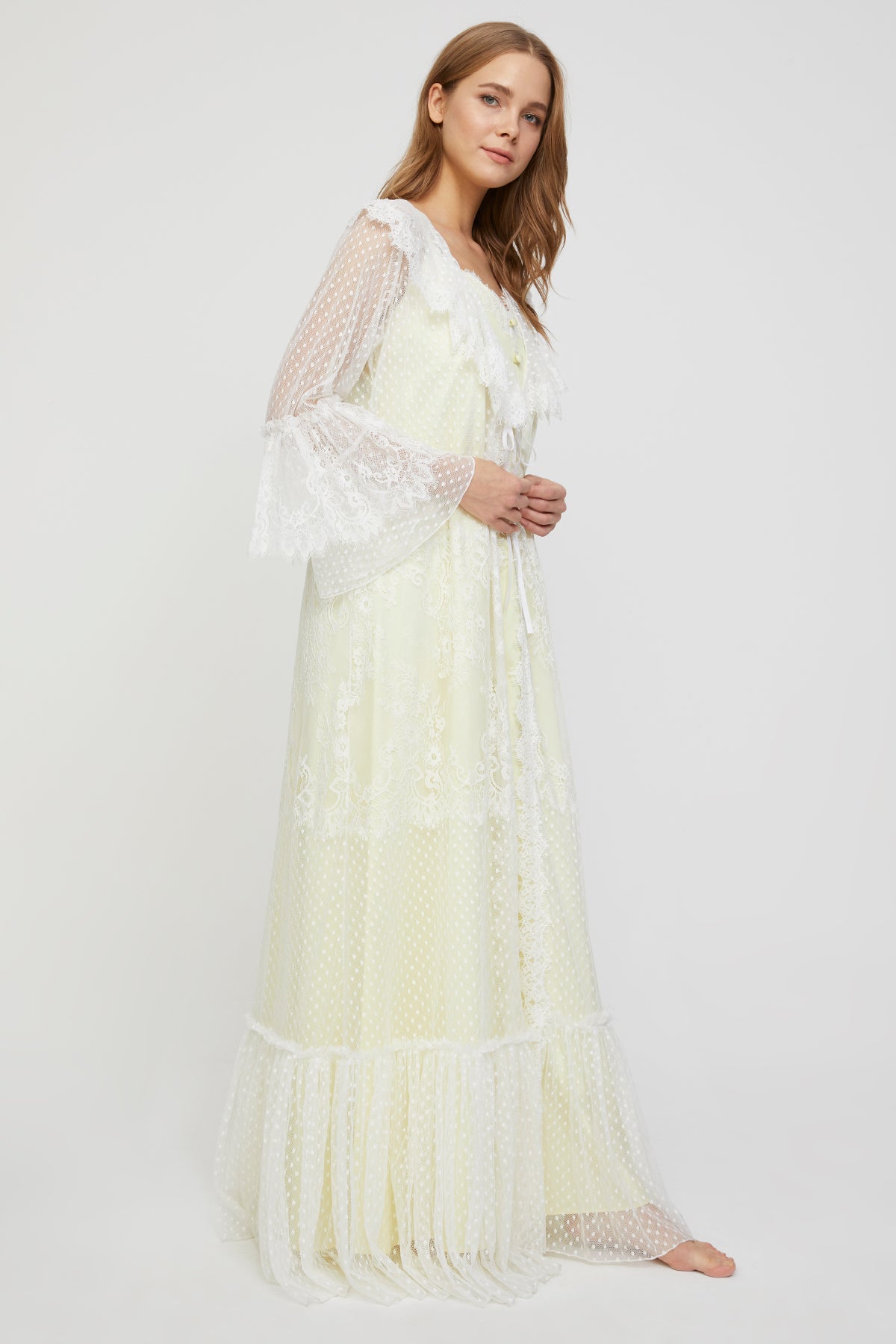 Carmen Soft Lemon Cotton Satin Nightgown with Tulle Robe