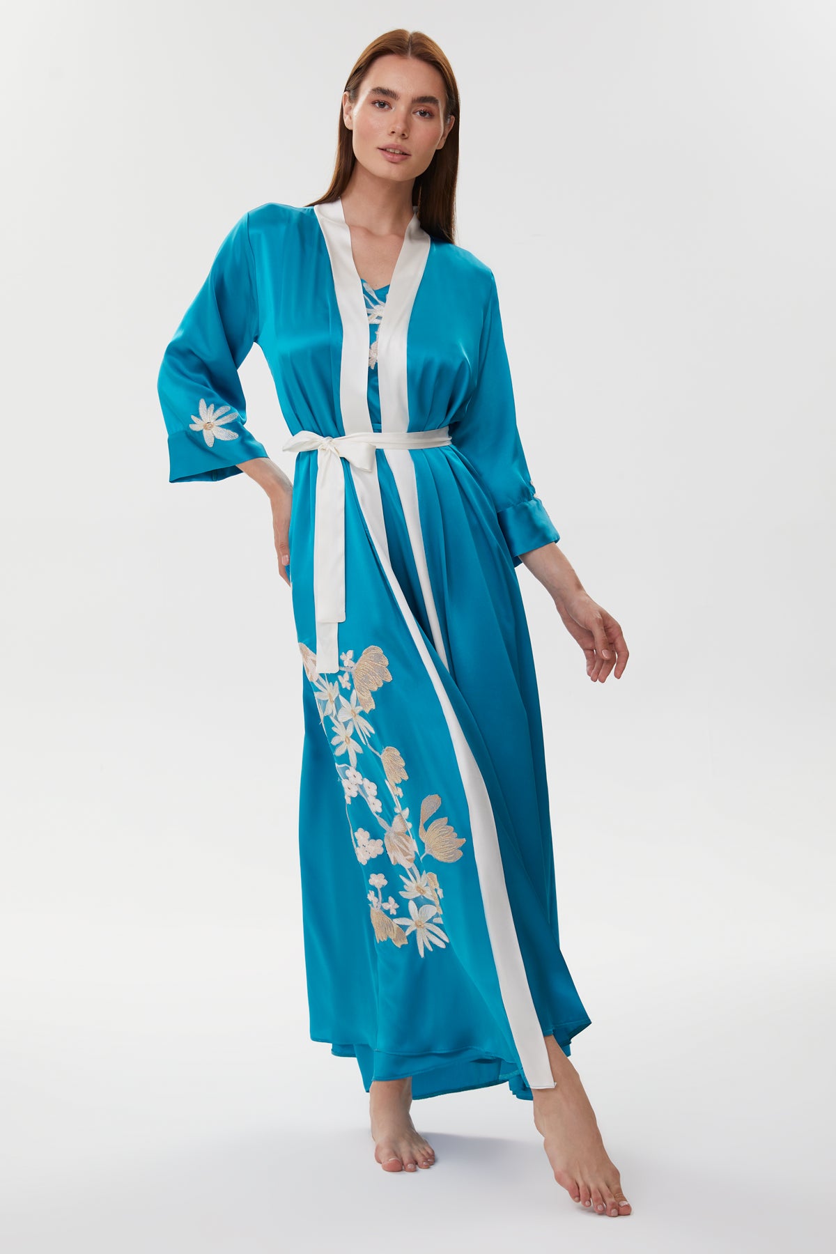 Adelia Royal Blue Pure Silk Nightgown with Long Silk Robe