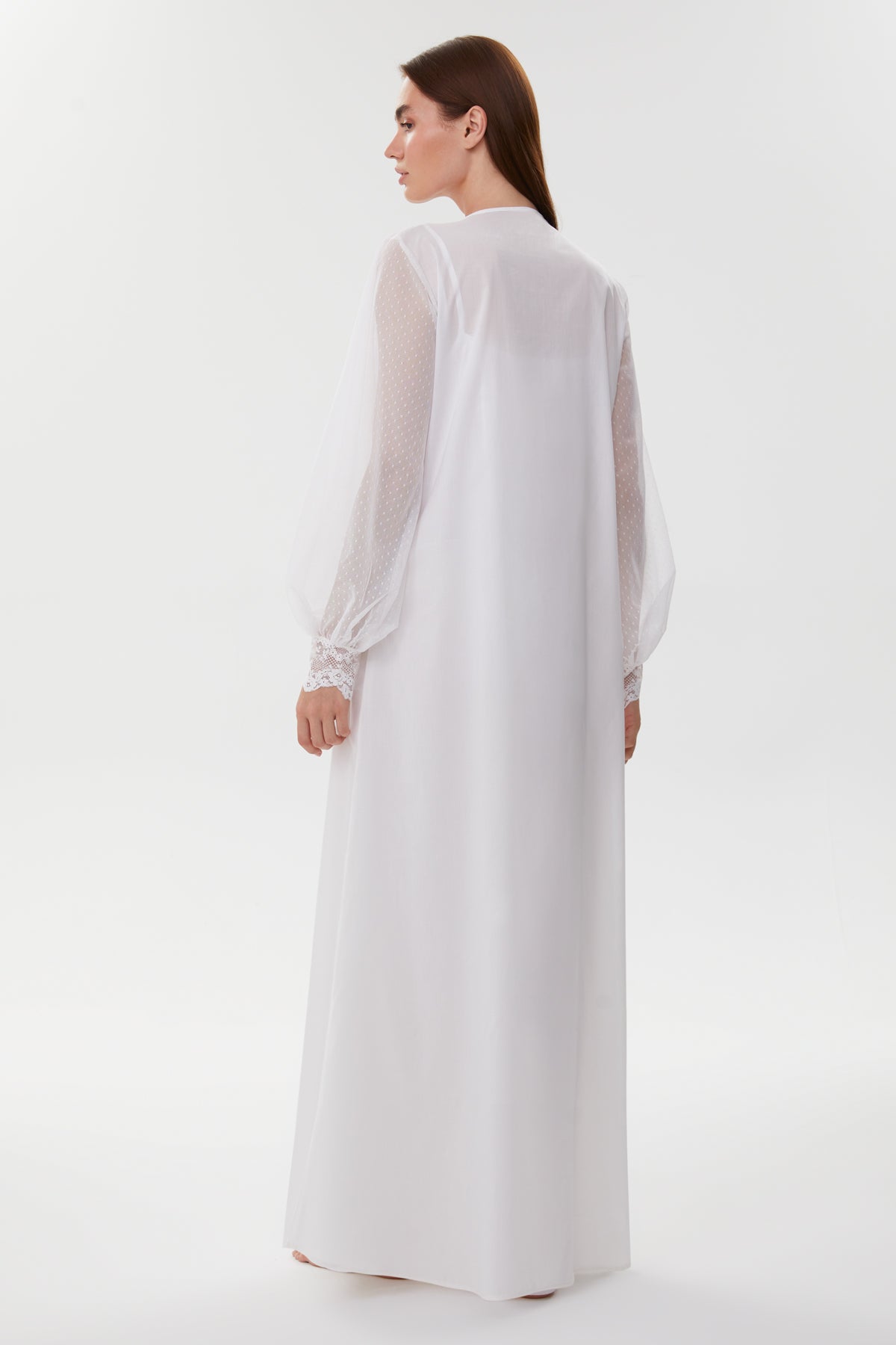 Celine Pearl White Cotton Voile Nightgown with Dotted Tulle Robe