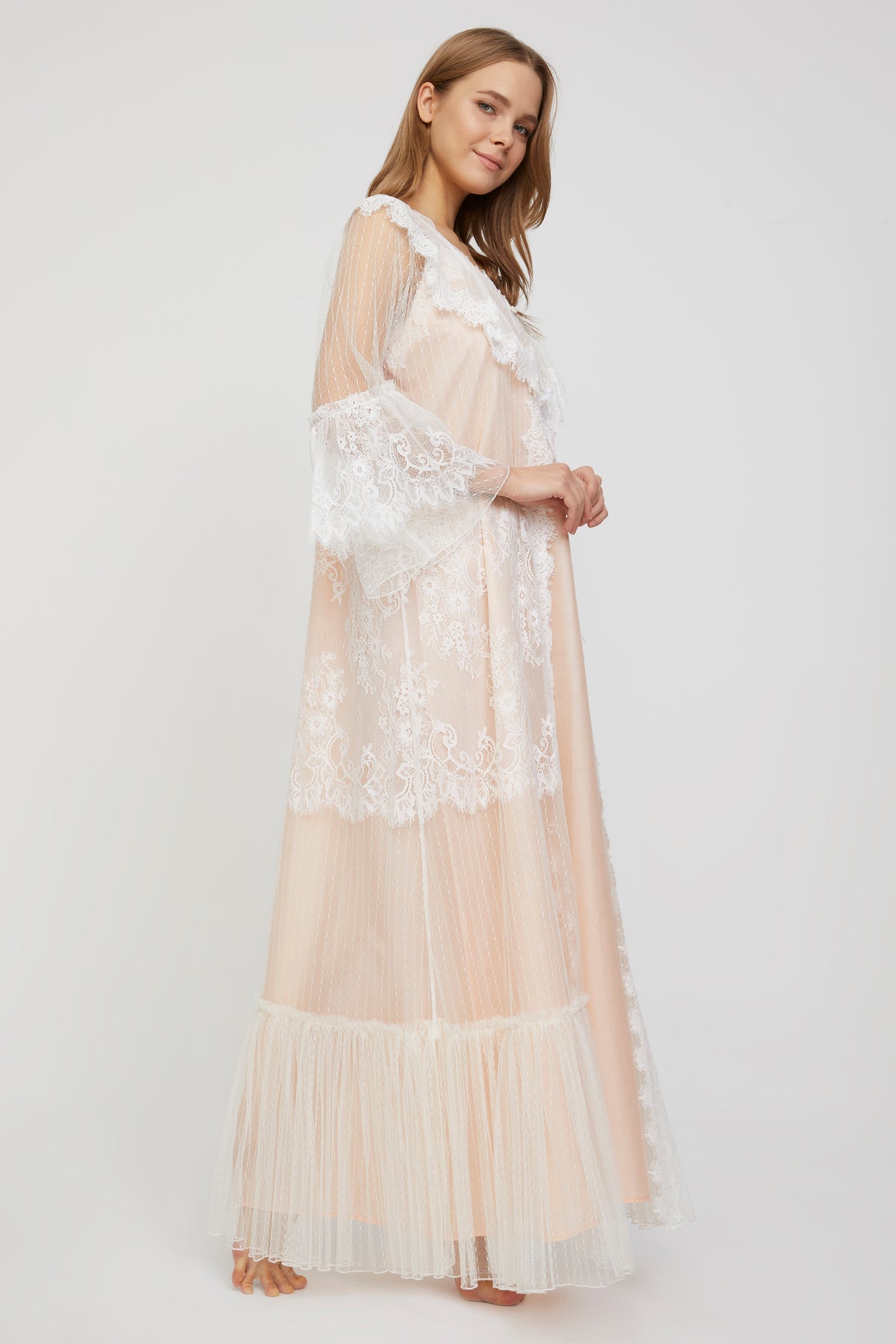 Carmen Powder Peach Cotton Voile Nightgown with Tulle Robe
