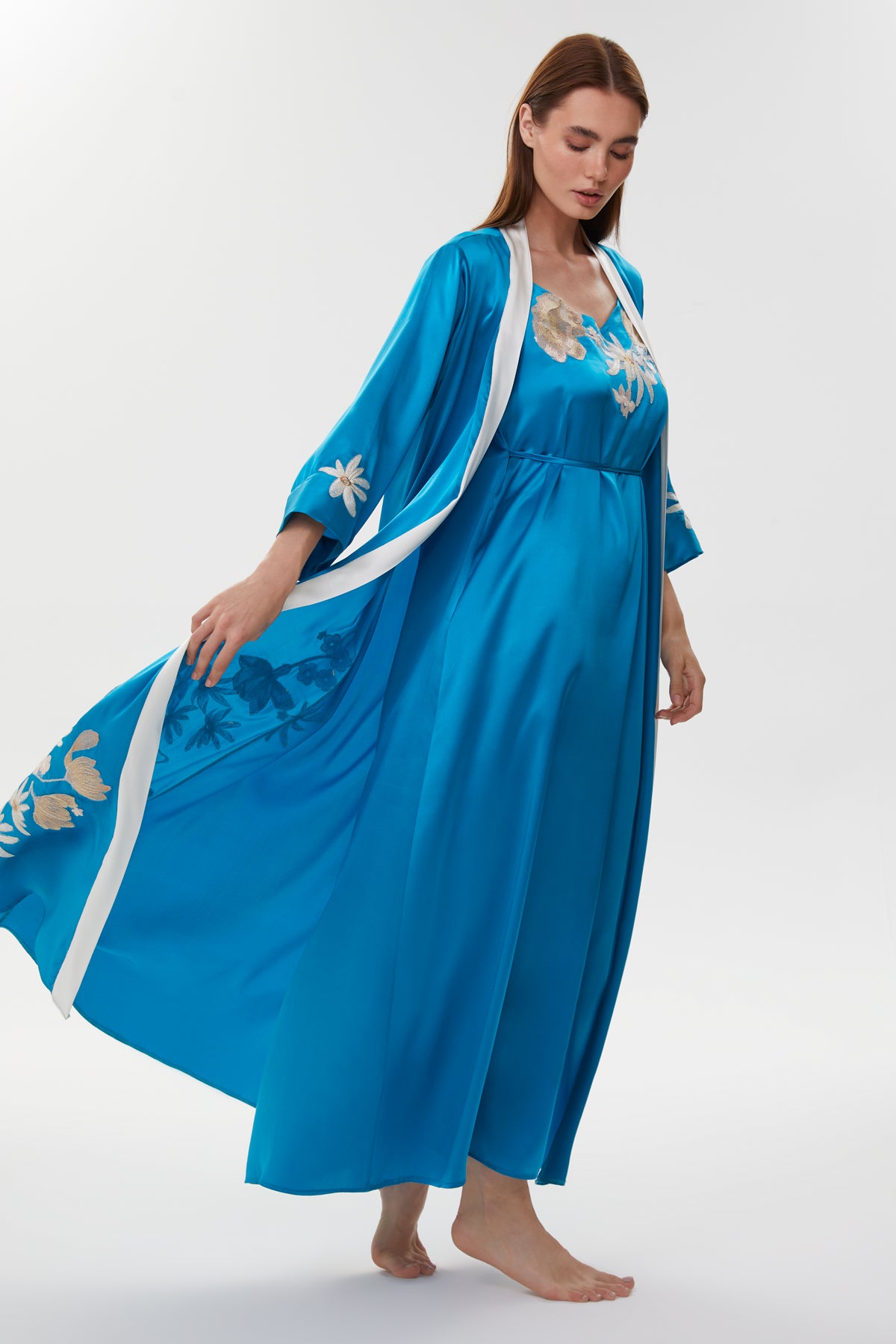 Adelia Royal Blue Pure Silk Nightgown with Long Silk Robe