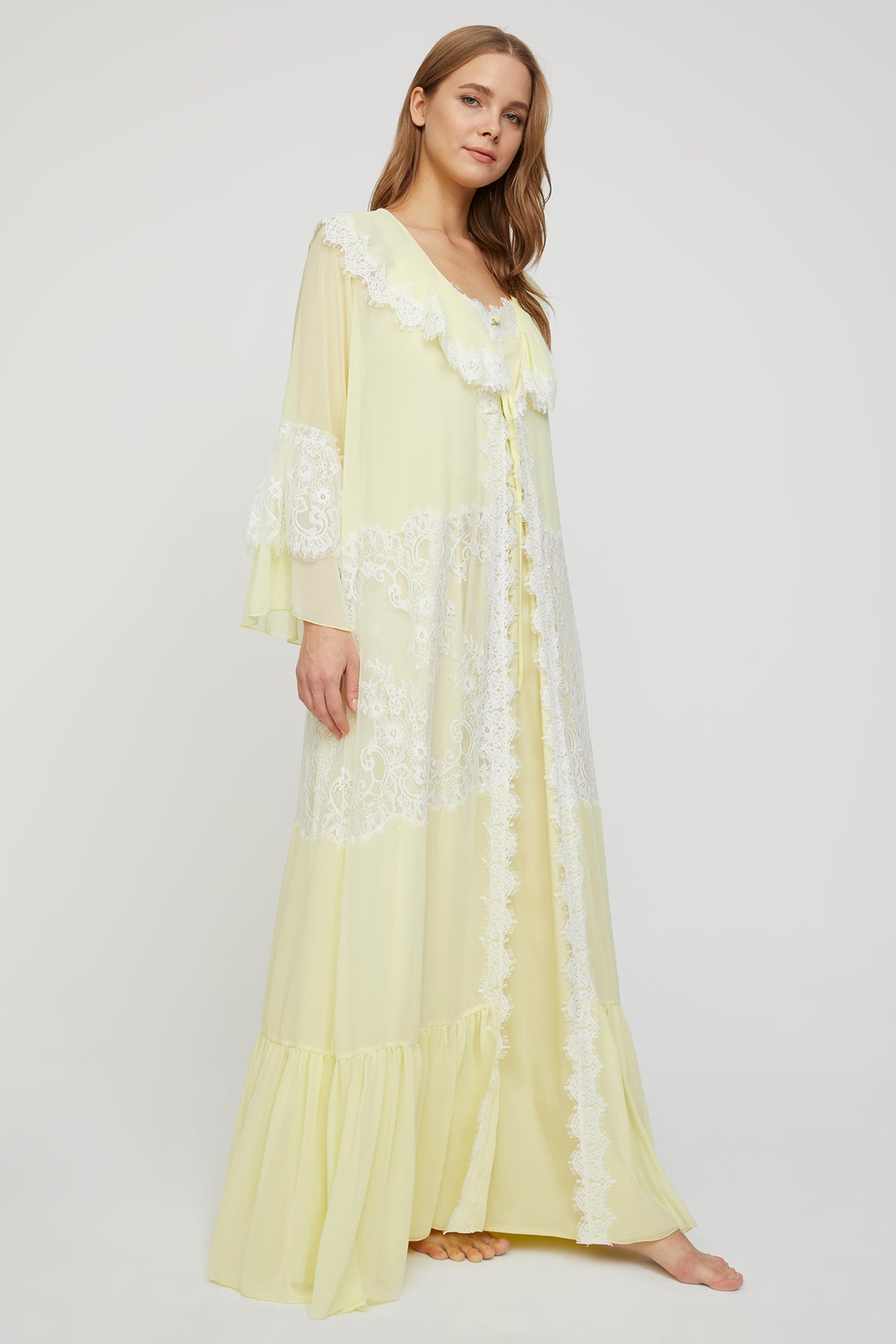 Carmen Soft Lemon Cotton Satin Nightgown with Chiffon Robe