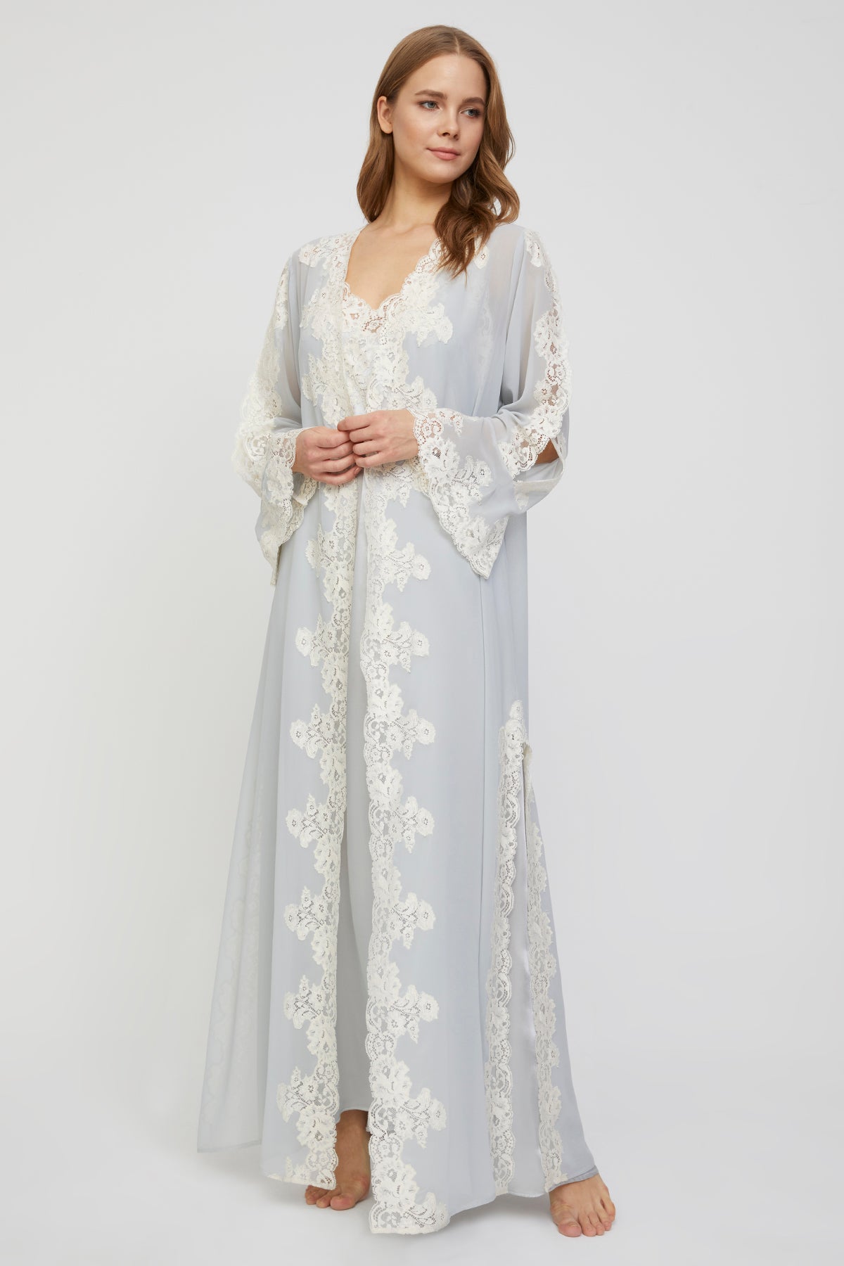 Jade Ice Gray Silk Nightgown with Silk Georgette Robe