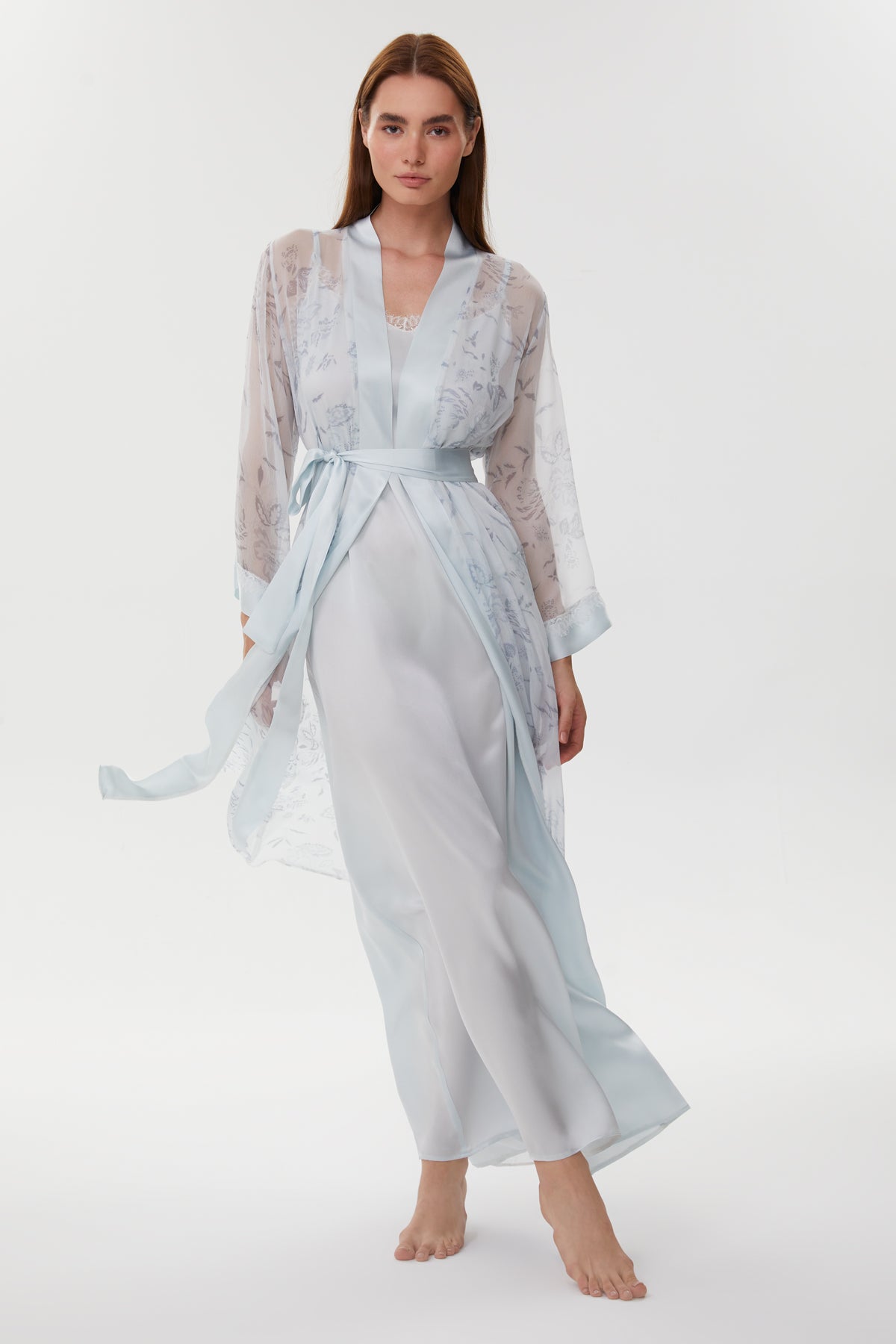Bel Ice Blue Silk & Printed Chiffon Robe Set