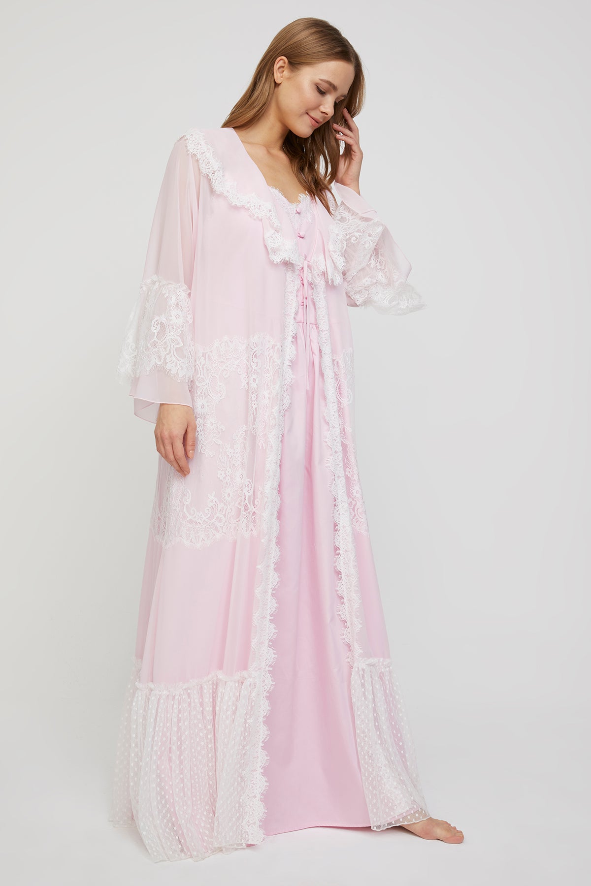Carmen Powder Pink Cotton Satin Nightgown with Chiffon Robe